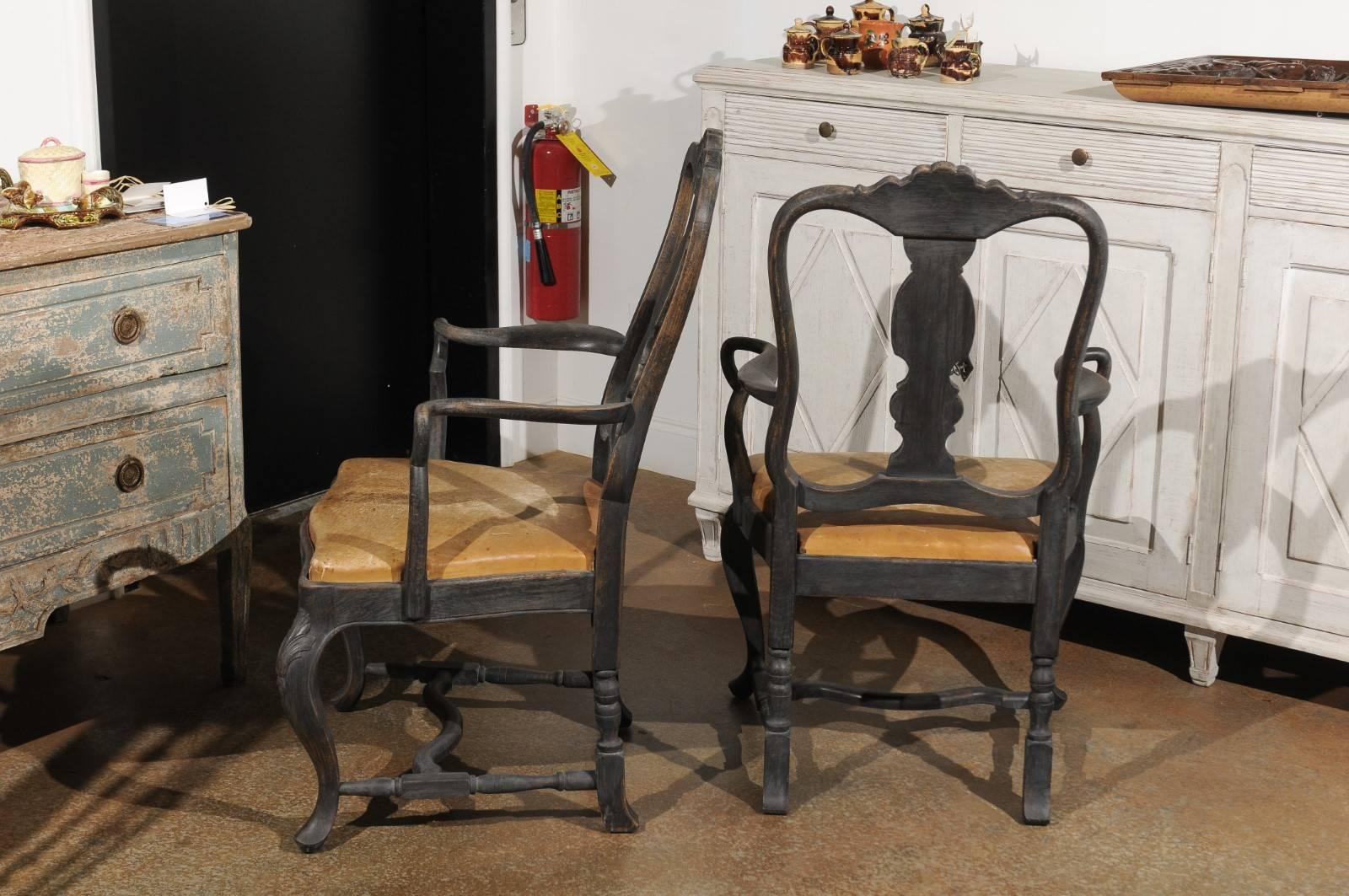 Pair of Swedish Rococo Style 1890s Painted Armchairs with Brown Leather Seats 2