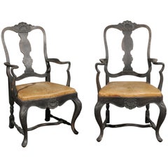 Pair of Swedish Rococo Style 1890s Painted Armchairs with Brown Leather Seats