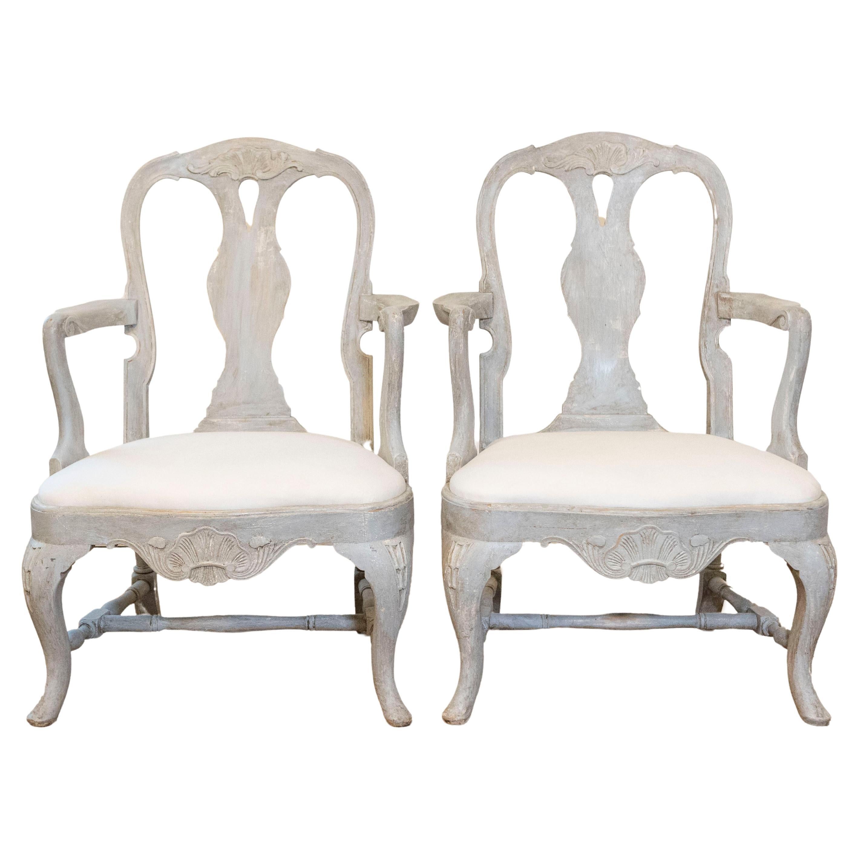 Pair of Swedish Rococo Style 1890s Painted Wood Armchairs