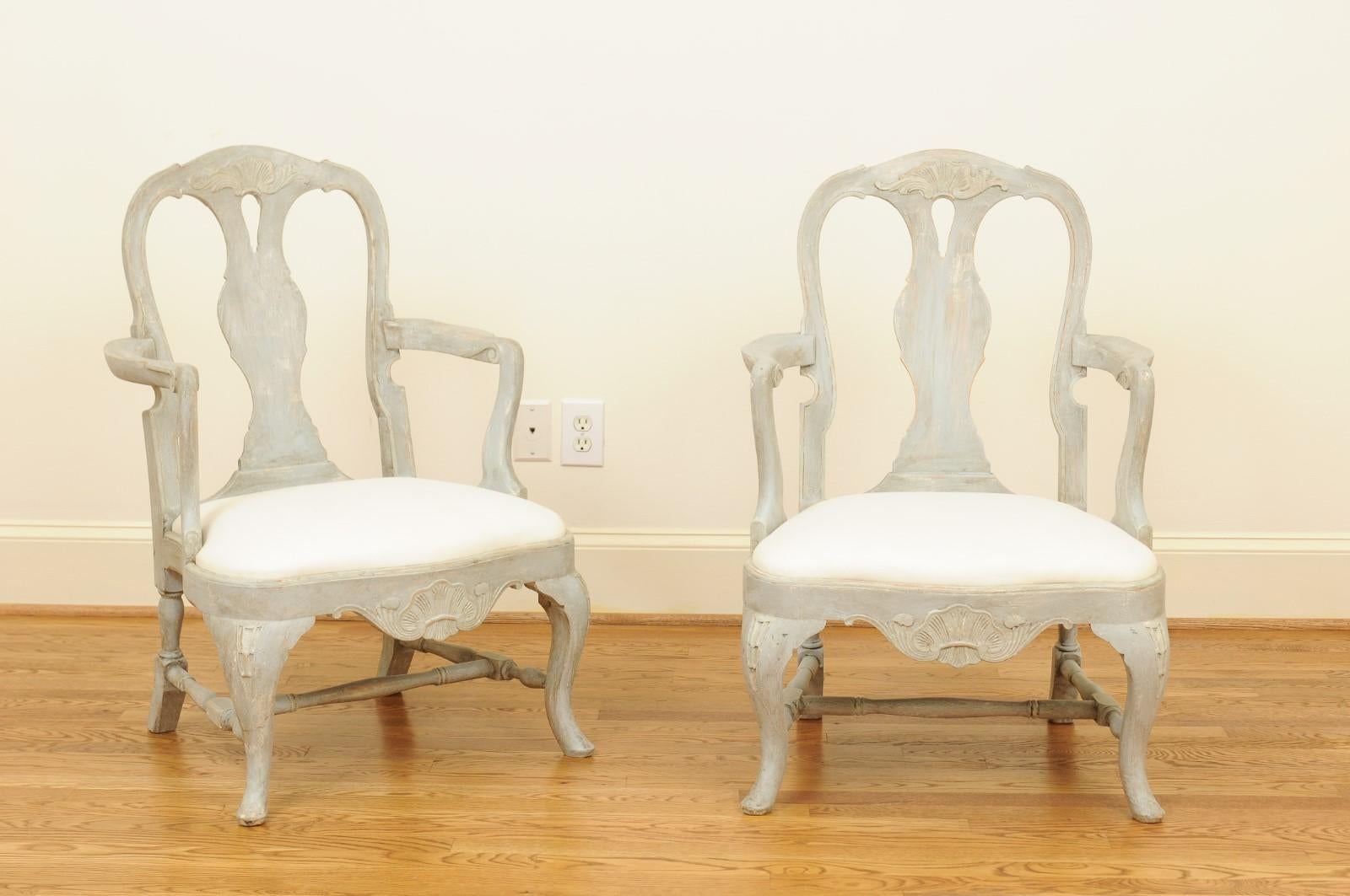 Carved Pair of Swedish Rococo Style 1890s Painted Wood Armchairs For Sale