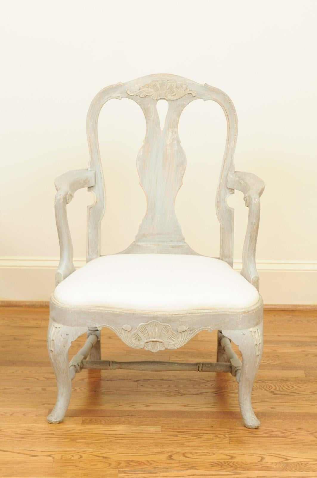 19th Century Pair of Swedish Rococo Style 1890s Painted Wood Armchairs For Sale