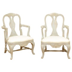 Pair of Swedish Rococo Style 1890s Painted Wood Armchairs with New Upholstery