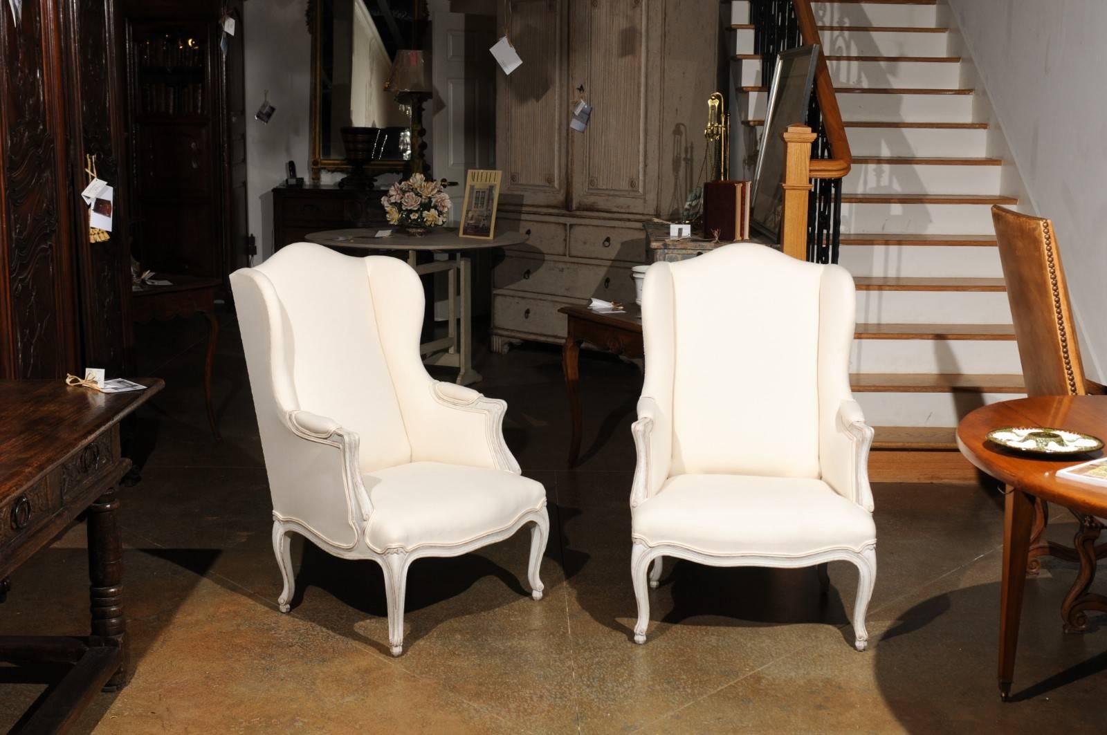 Painted Pair of Swedish Rococo Style 1900s Wingback Bergère Chairs with New Upholstery