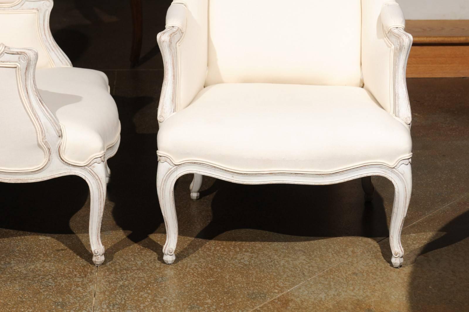 Pair of Swedish Rococo Style 1900s Wingback Bergère Chairs with New Upholstery 1