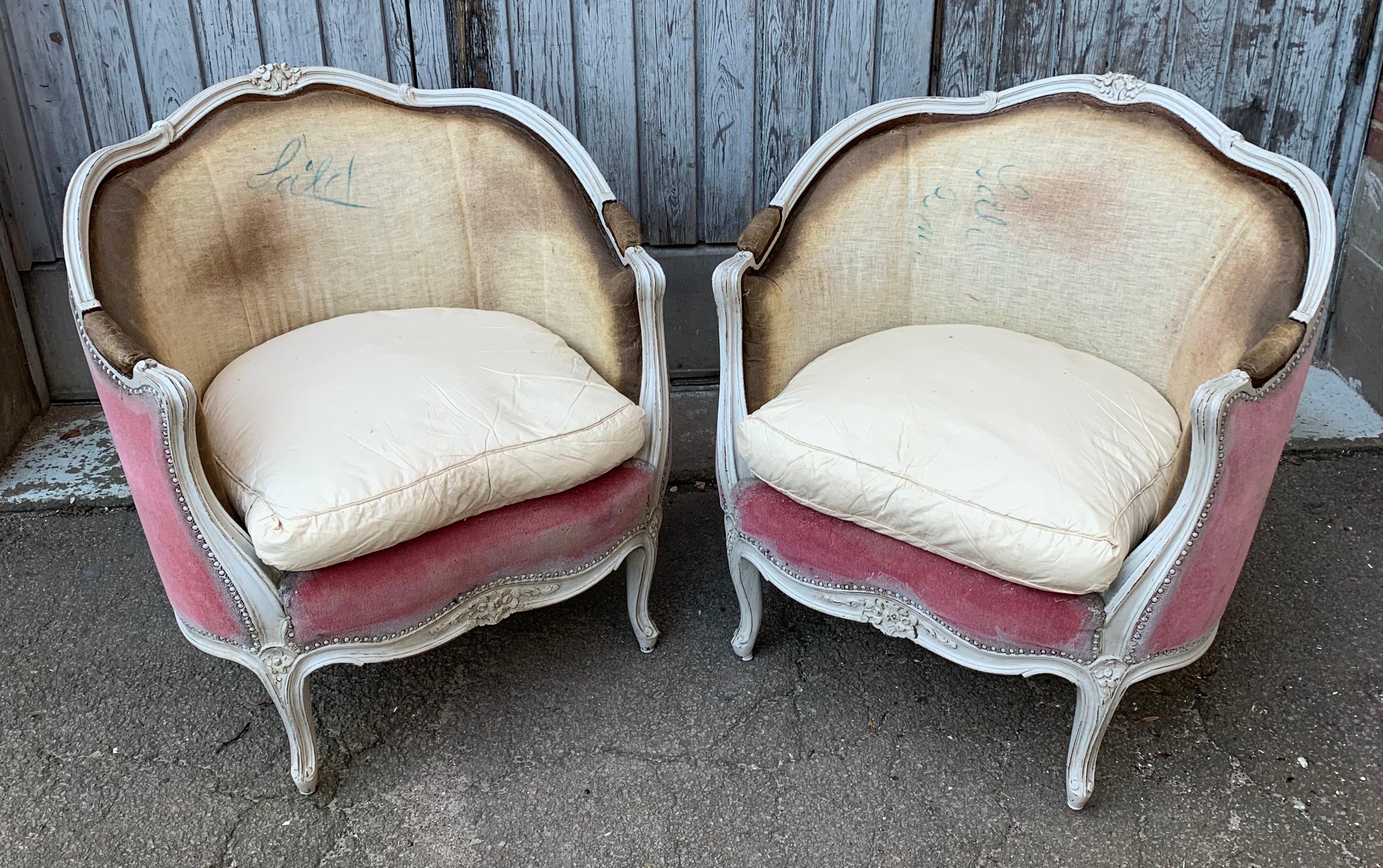 Birch Pair of Swedish White Painted Bergère Armchairs, Rococo Style