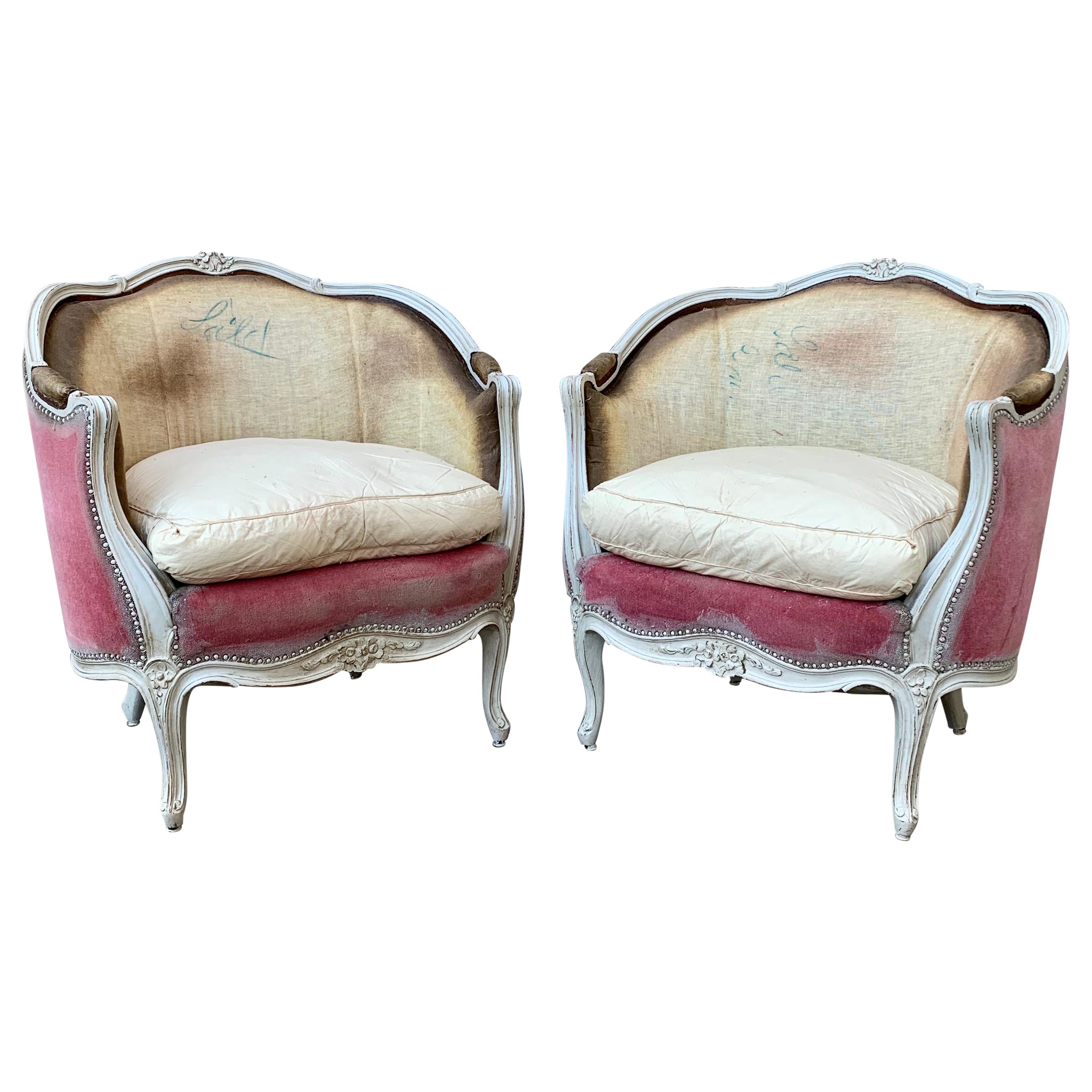 Pair of Swedish White Painted Bergère Armchairs, Rococo Style