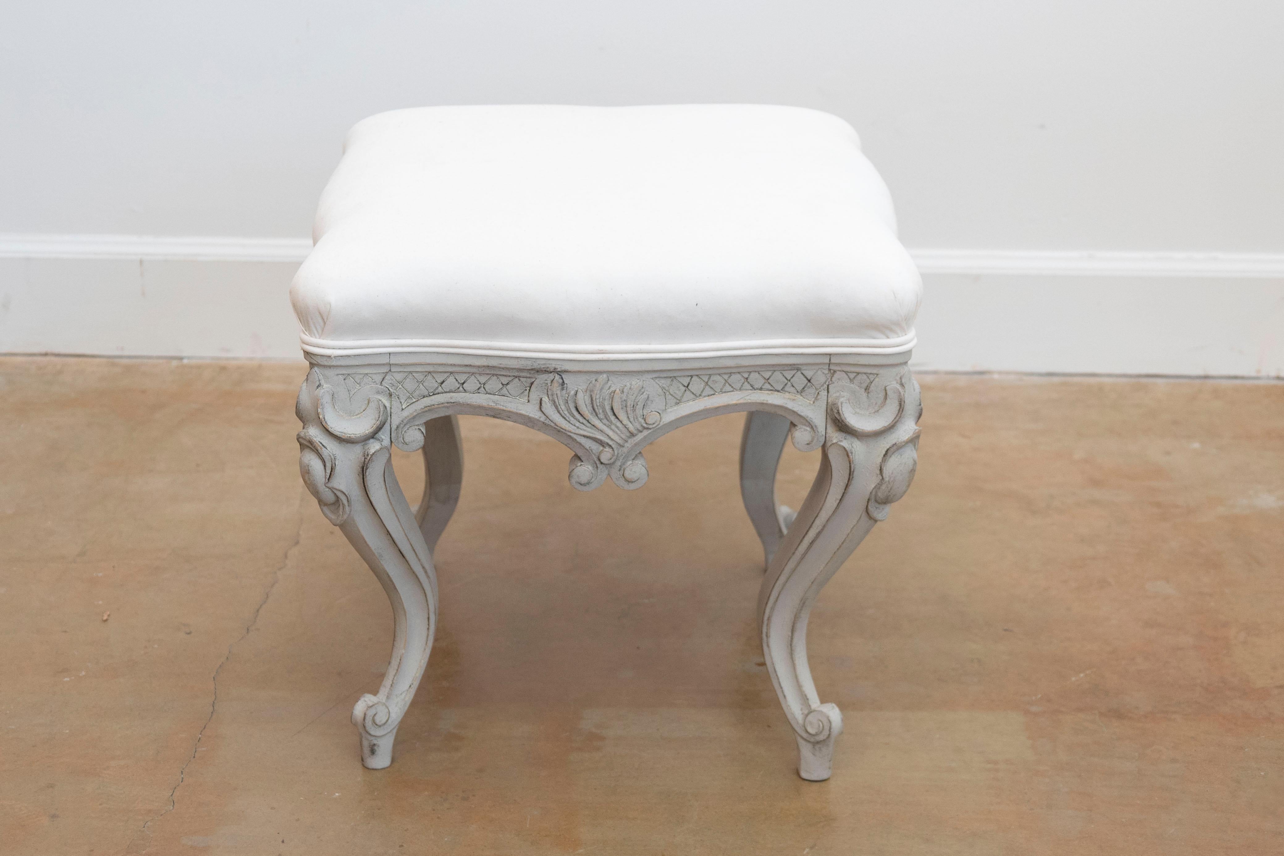 Pair of Swedish Rococo Style Carved Painted Upholstered Stools, circa 1890 In Good Condition For Sale In Atlanta, GA