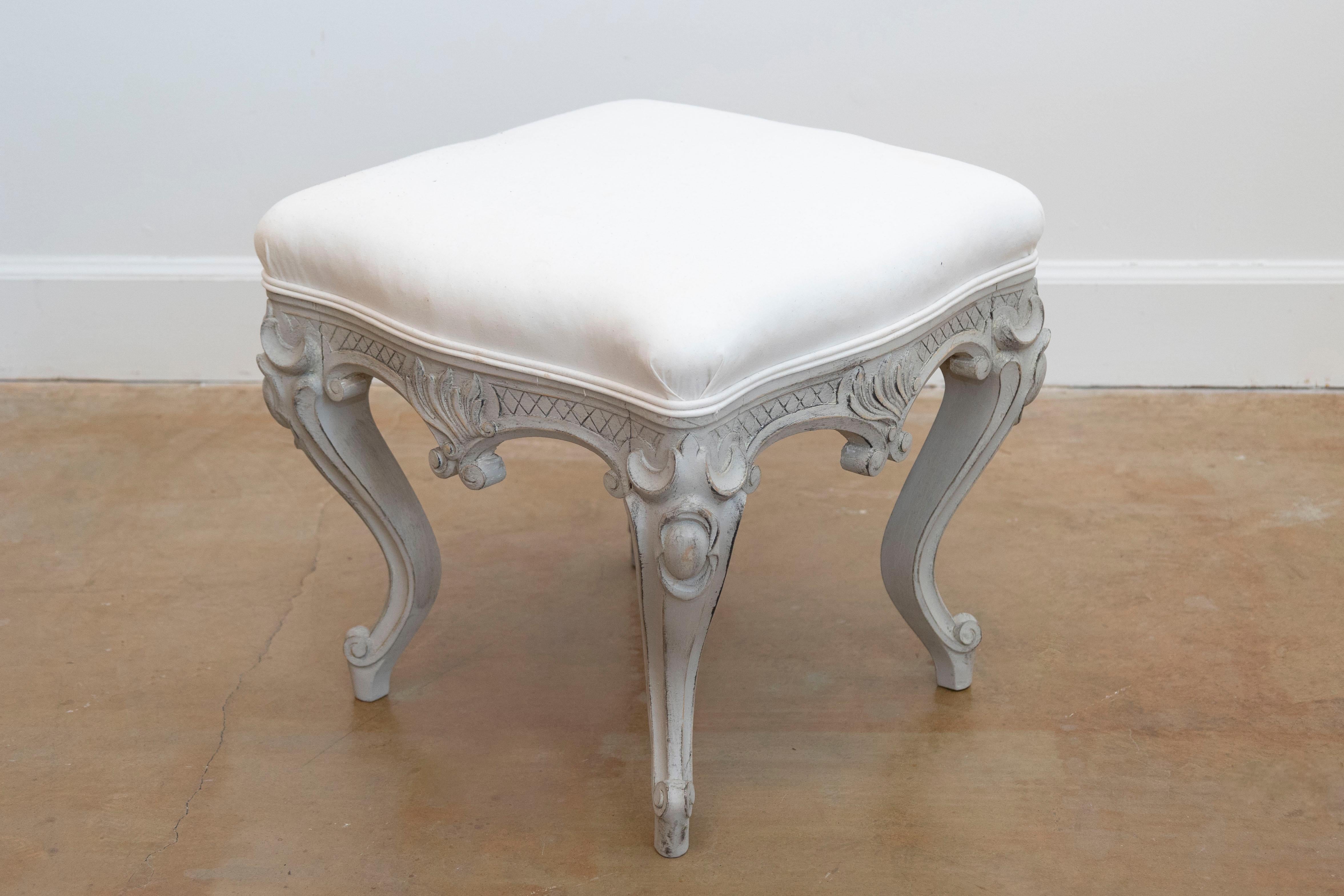19th Century Pair of Swedish Rococo Style Carved Painted Upholstered Stools, circa 1890 For Sale
