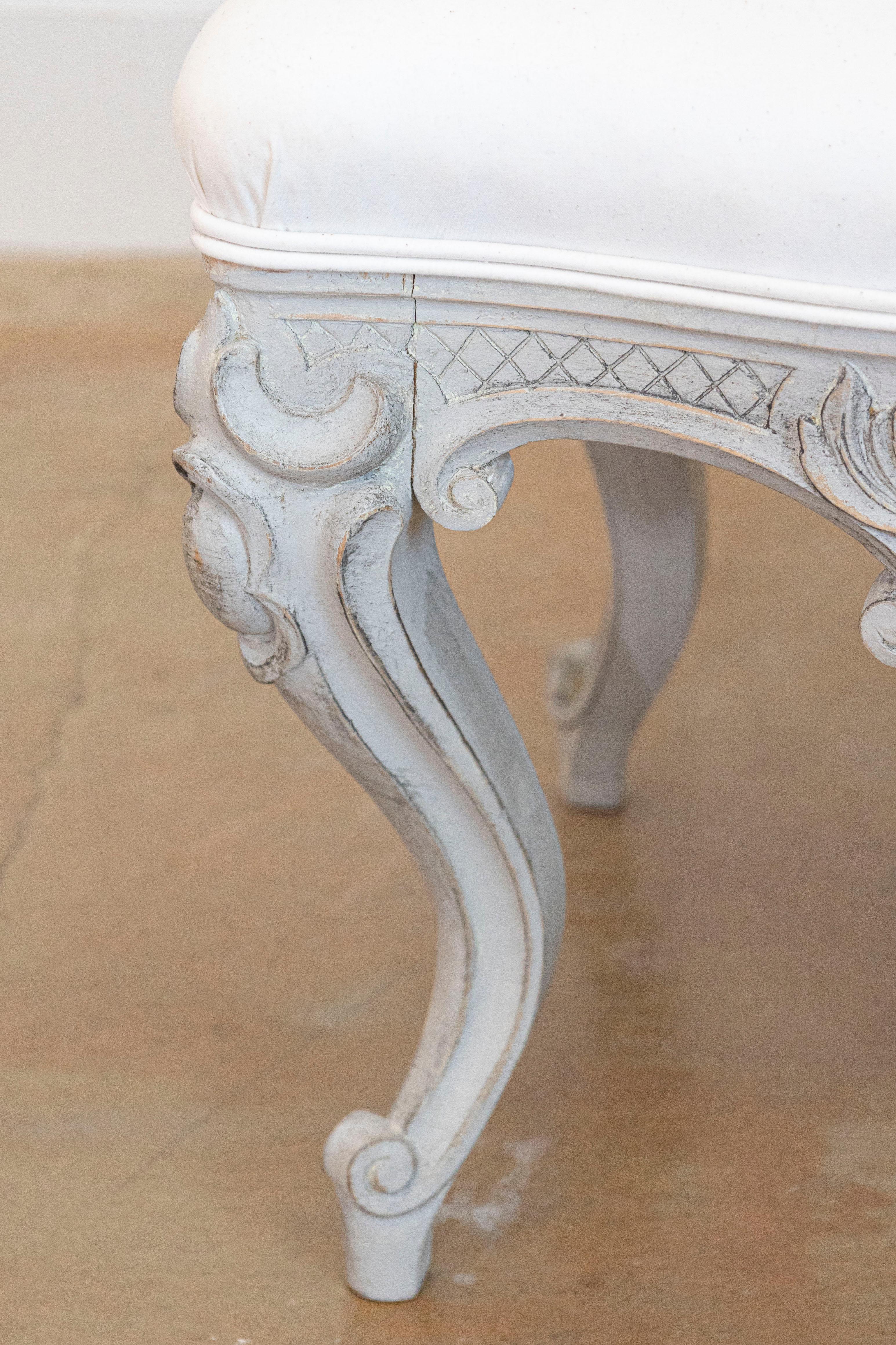 Upholstery Pair of Swedish Rococo Style Carved Painted Upholstered Stools, circa 1890 For Sale