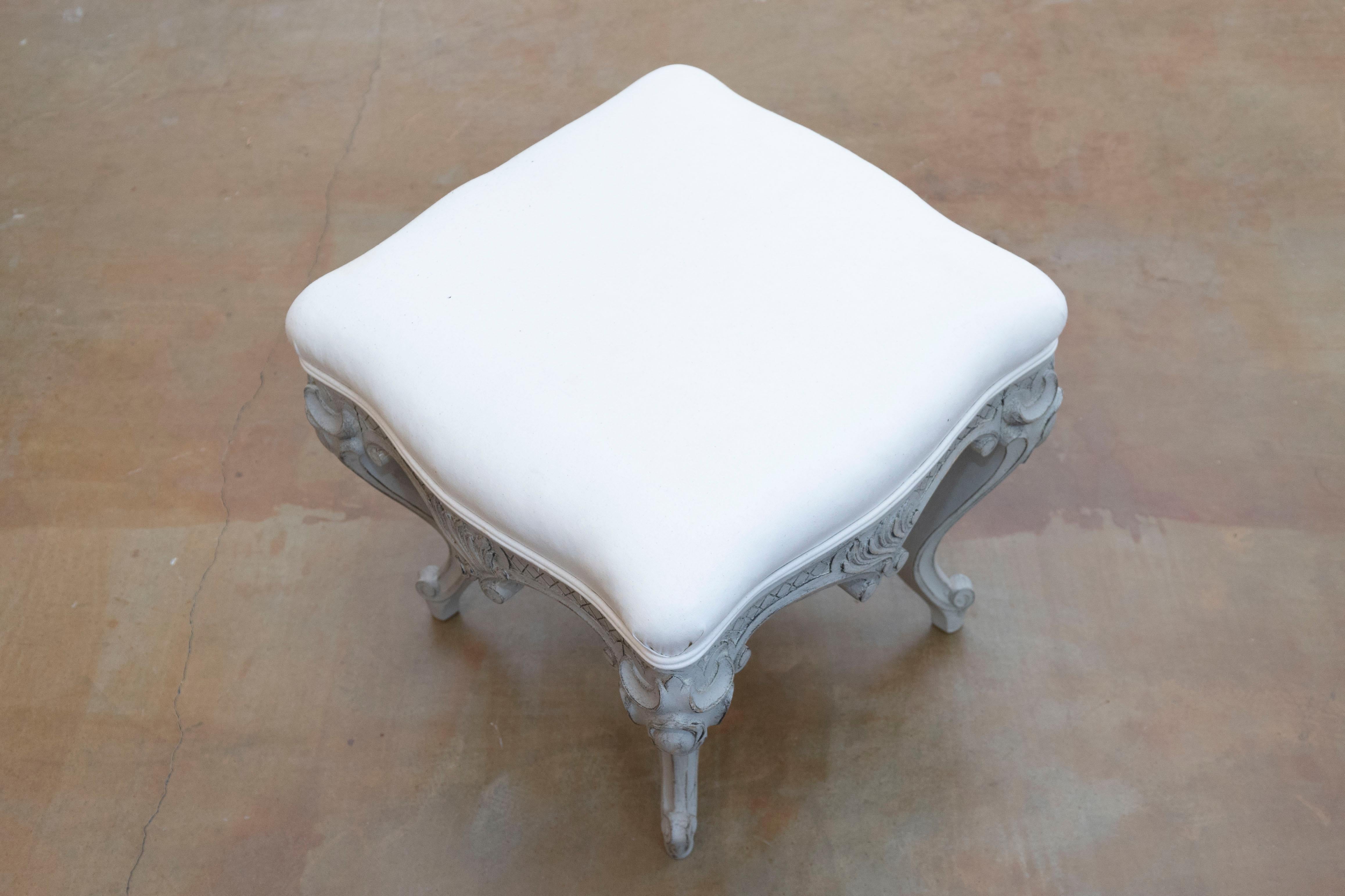 Pair of Swedish Rococo Style Carved Painted Upholstered Stools, circa 1890 For Sale 1