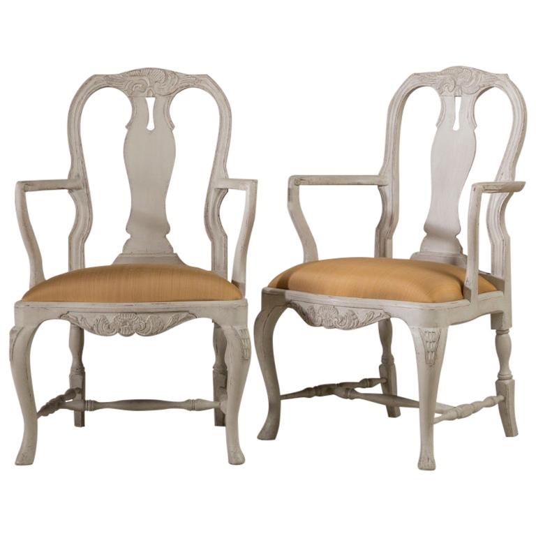 Pair of Swedish Rococo Style Painted Armchairs, 1920s