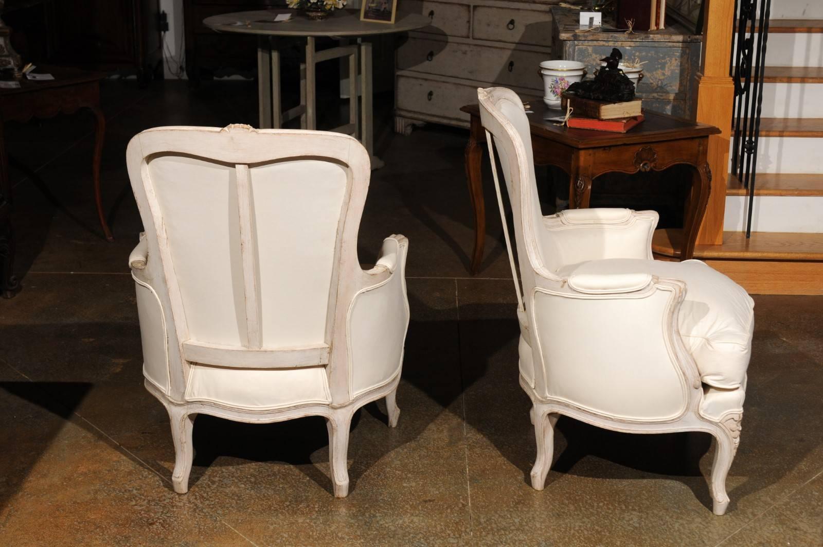 19th Century Pair of Swedish Rococo Style Painted Bergères Chairs, circa 1880 with Upholstery For Sale
