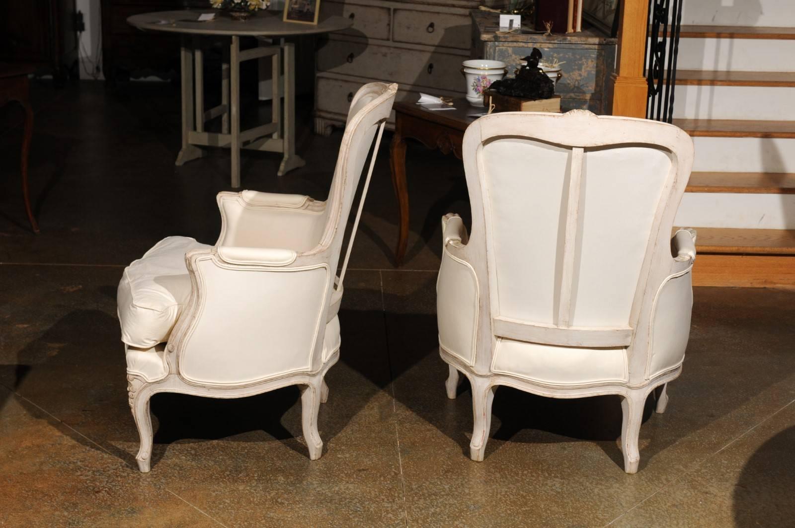 Wood Pair of Swedish Rococo Style Painted Bergères Chairs, circa 1880 with Upholstery For Sale