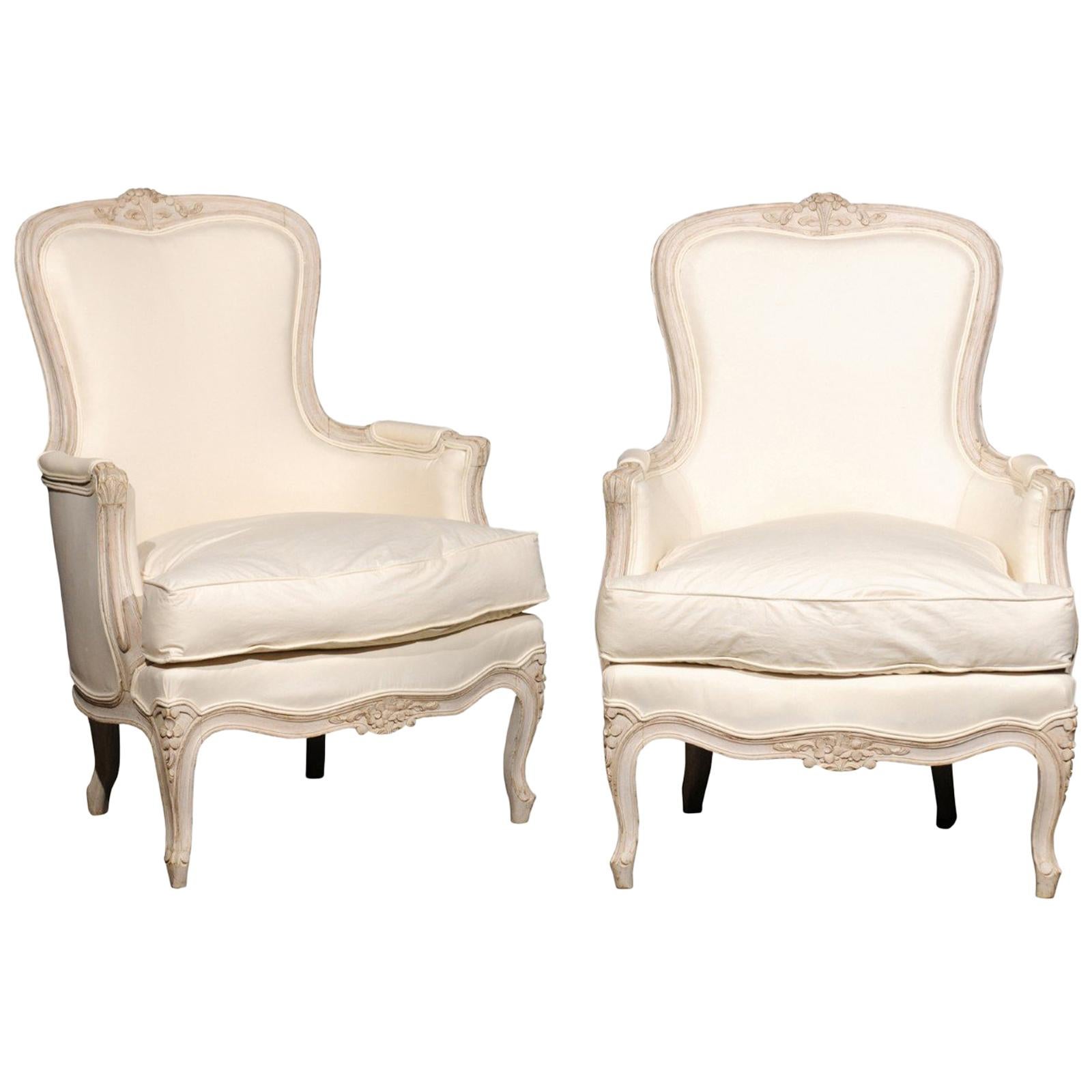 Pair of Swedish Rococo Style Painted Bergères Chairs, circa 1880 with Upholstery