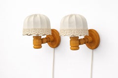 Pair of Swedish Rustic Pine Wall Lights with Lace-Trimmed Shades, 1970s
