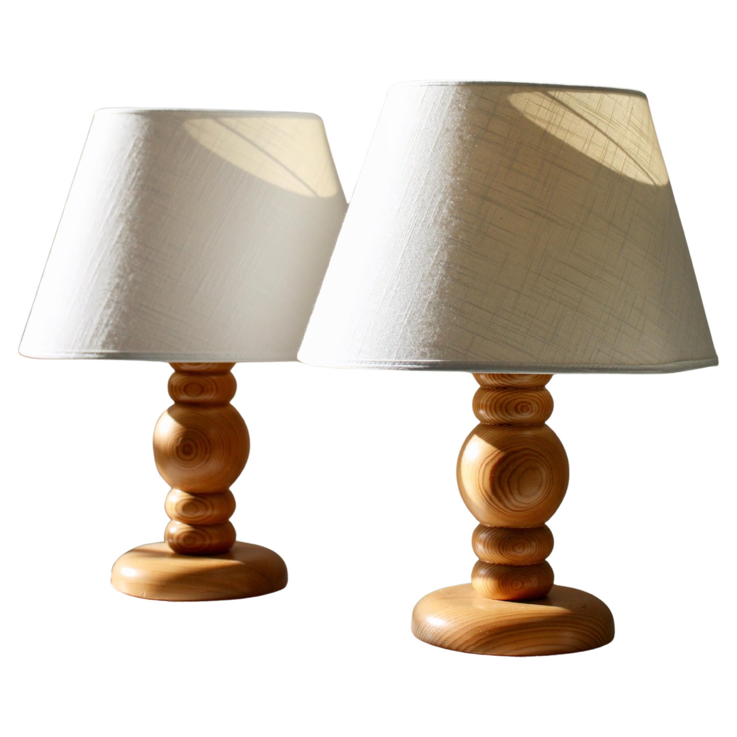 Pair of Swedish Scandinavian Turned Pine Table Lamps, 1970s