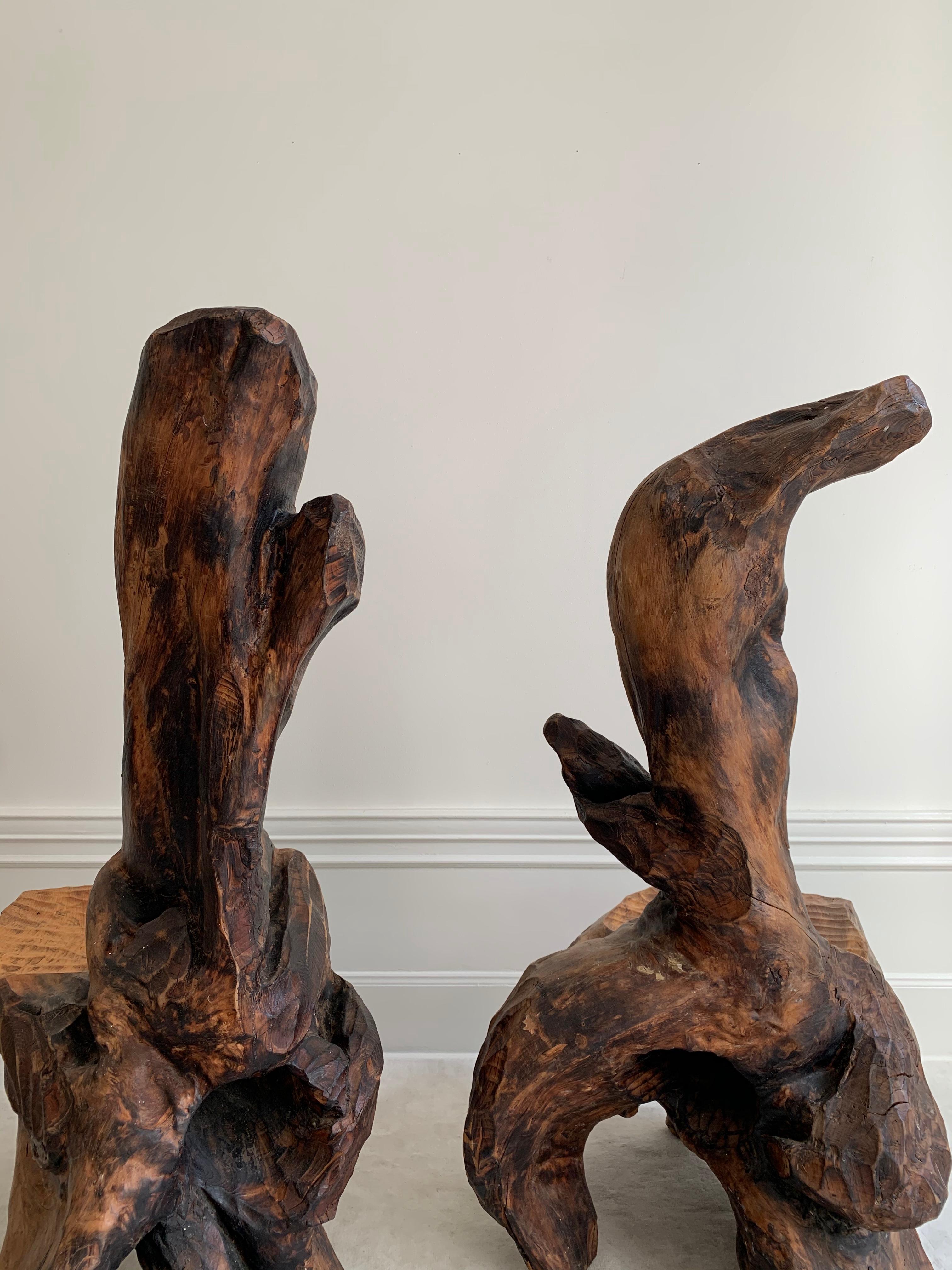 Pair of Swedish Sculptural and Brutalist Hand Carved Wooden Chairs 4