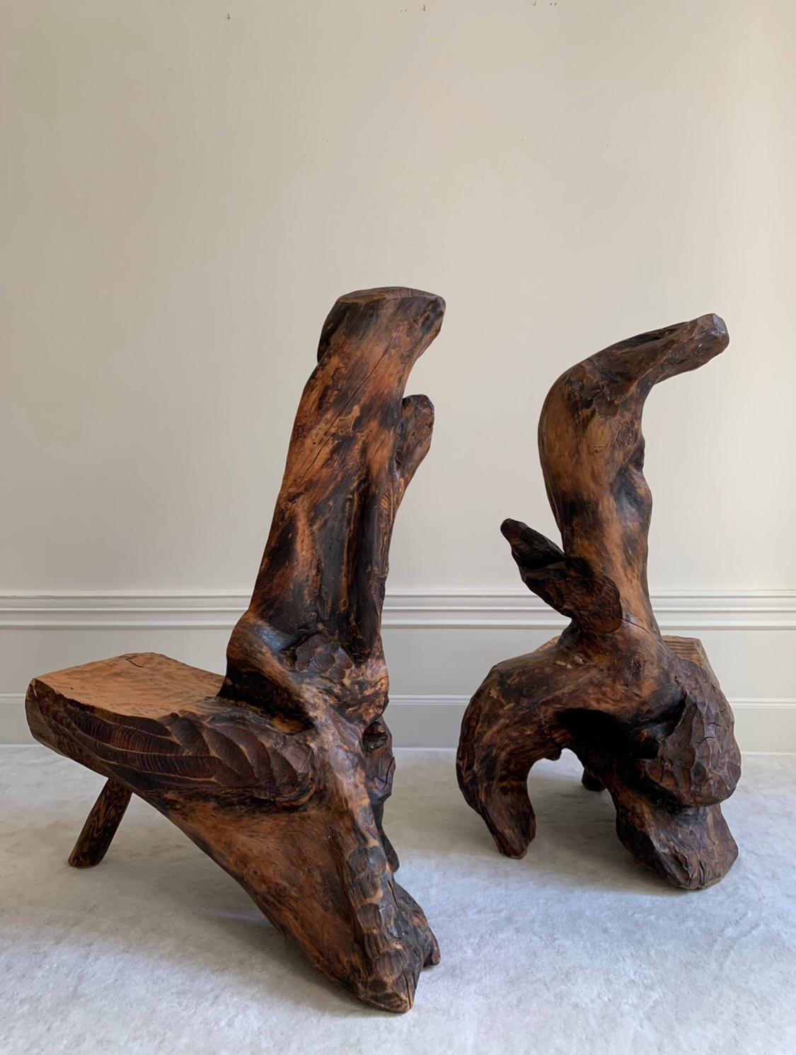 Pair of Swedish Sculptural and Brutalist Hand Carved Wooden Chairs 6