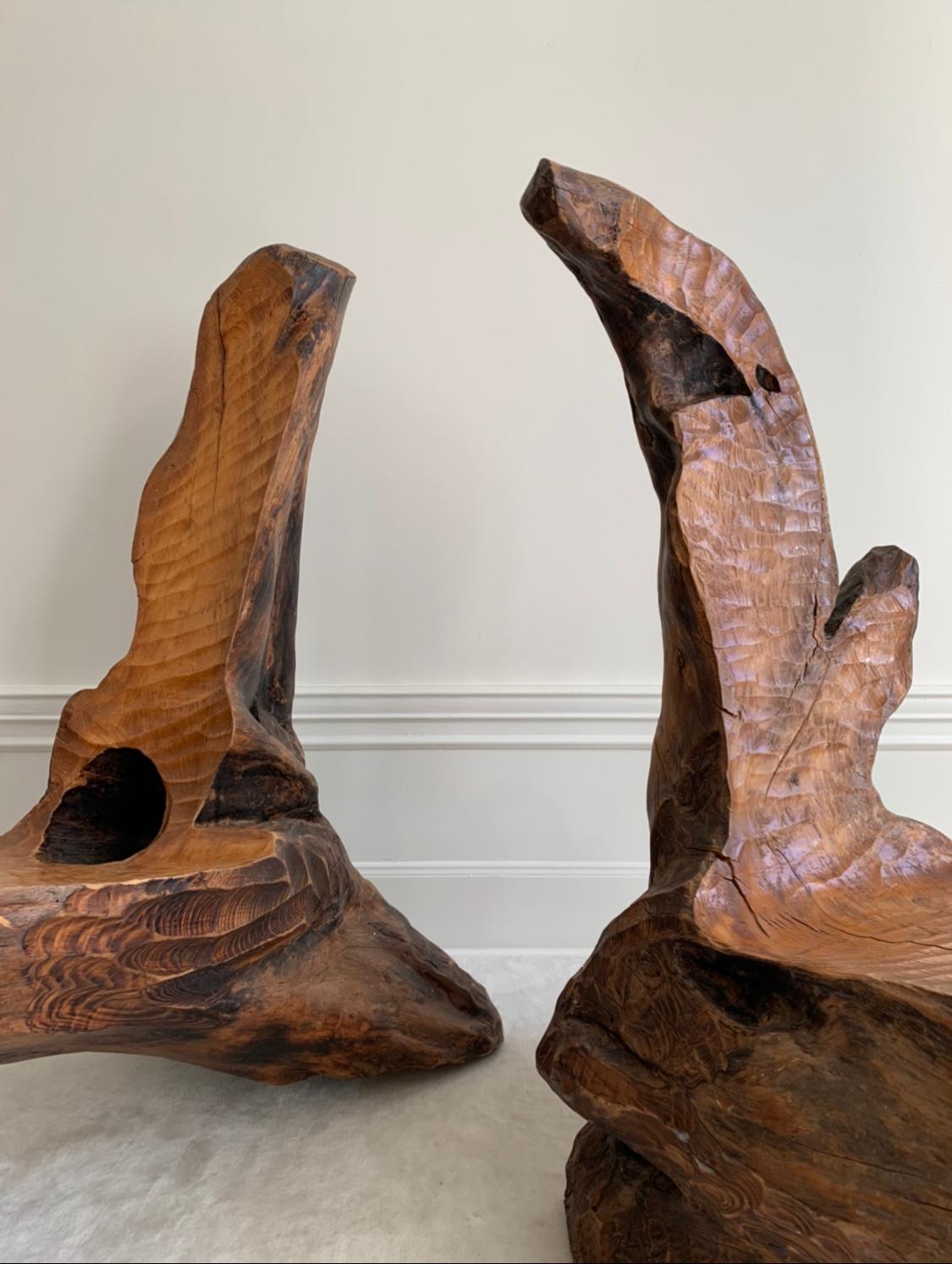 Pair of Swedish Sculptural and Brutalist Hand Carved Wooden Chairs 7