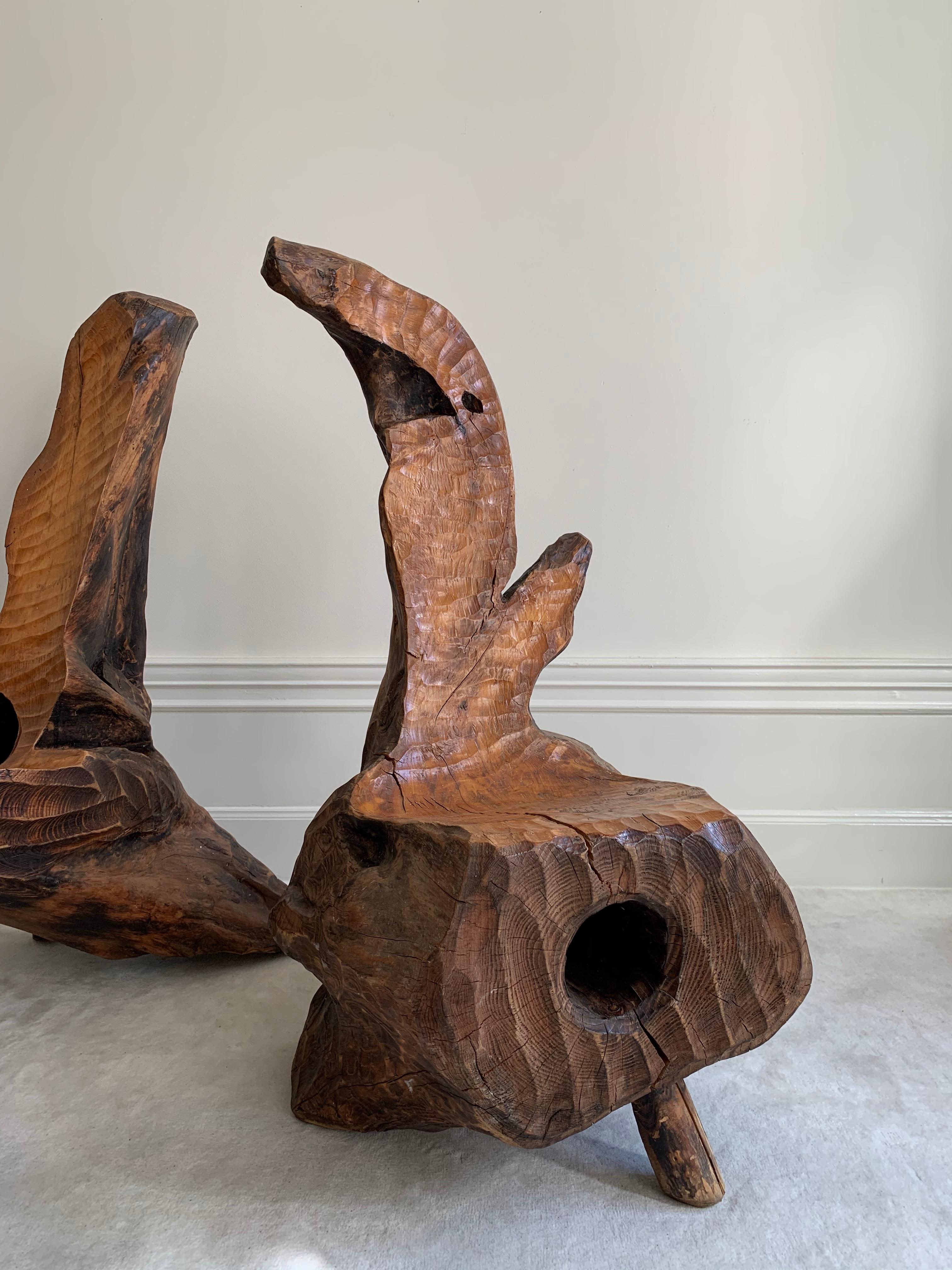 Hand-Crafted Pair of Swedish Sculptural and Brutalist Hand Carved Wooden Chairs