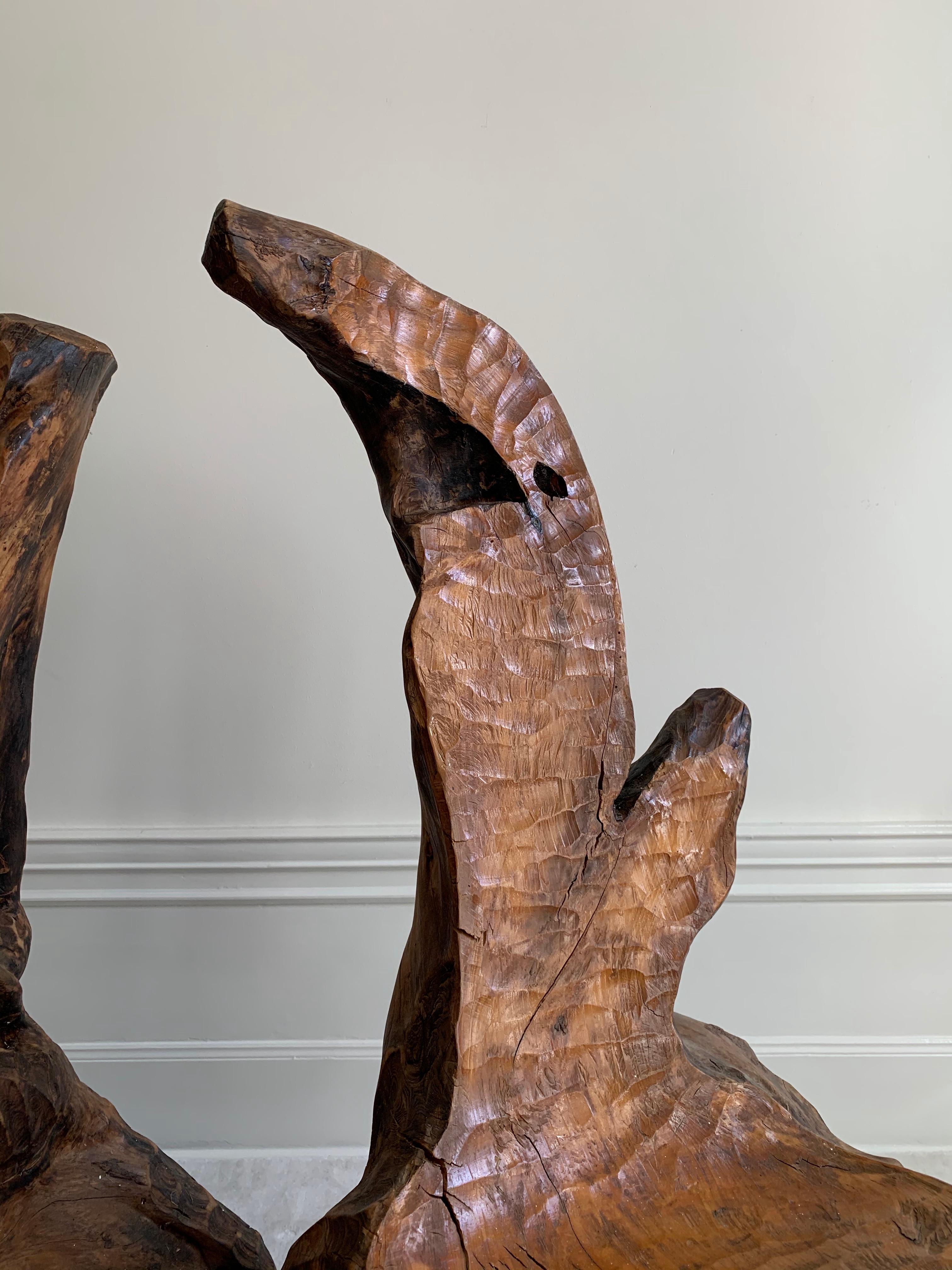 Pair of Swedish Sculptural and Brutalist Hand Carved Wooden Chairs In Good Condition In Stockholm, SE