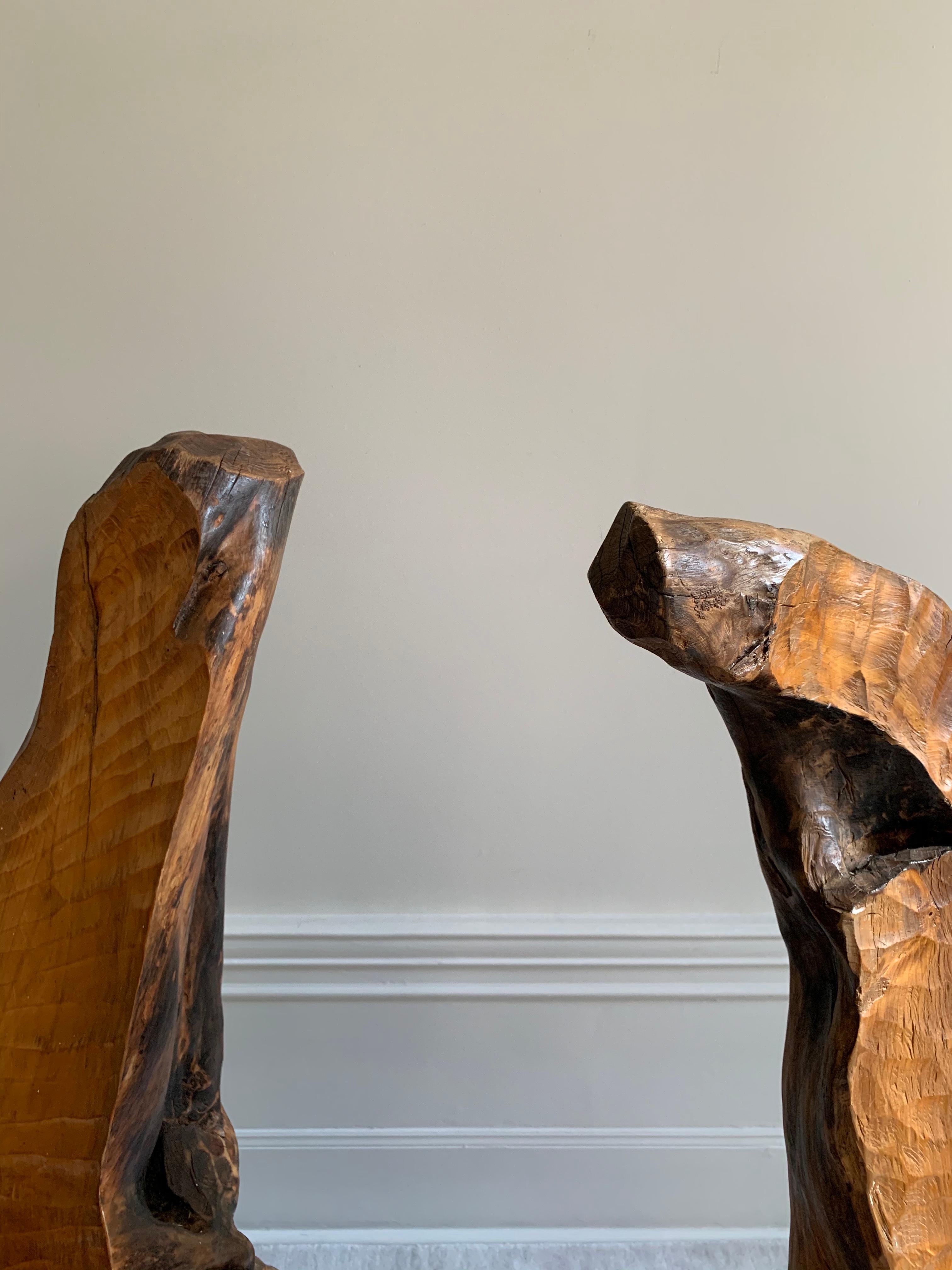 Late 20th Century Pair of Swedish Sculptural and Brutalist Hand Carved Wooden Chairs