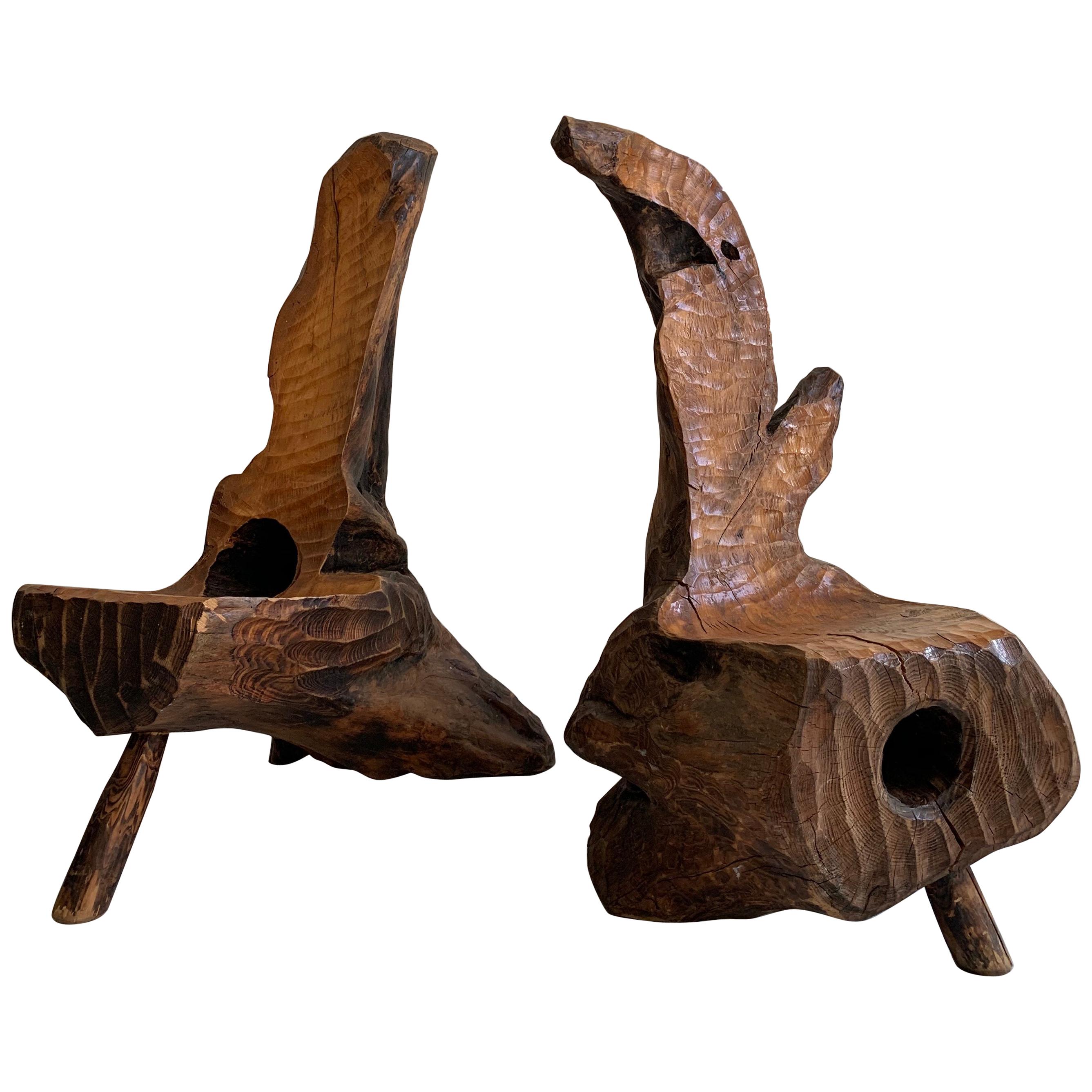 Pair of Swedish Sculptural and Brutalist Hand Carved Wooden Chairs
