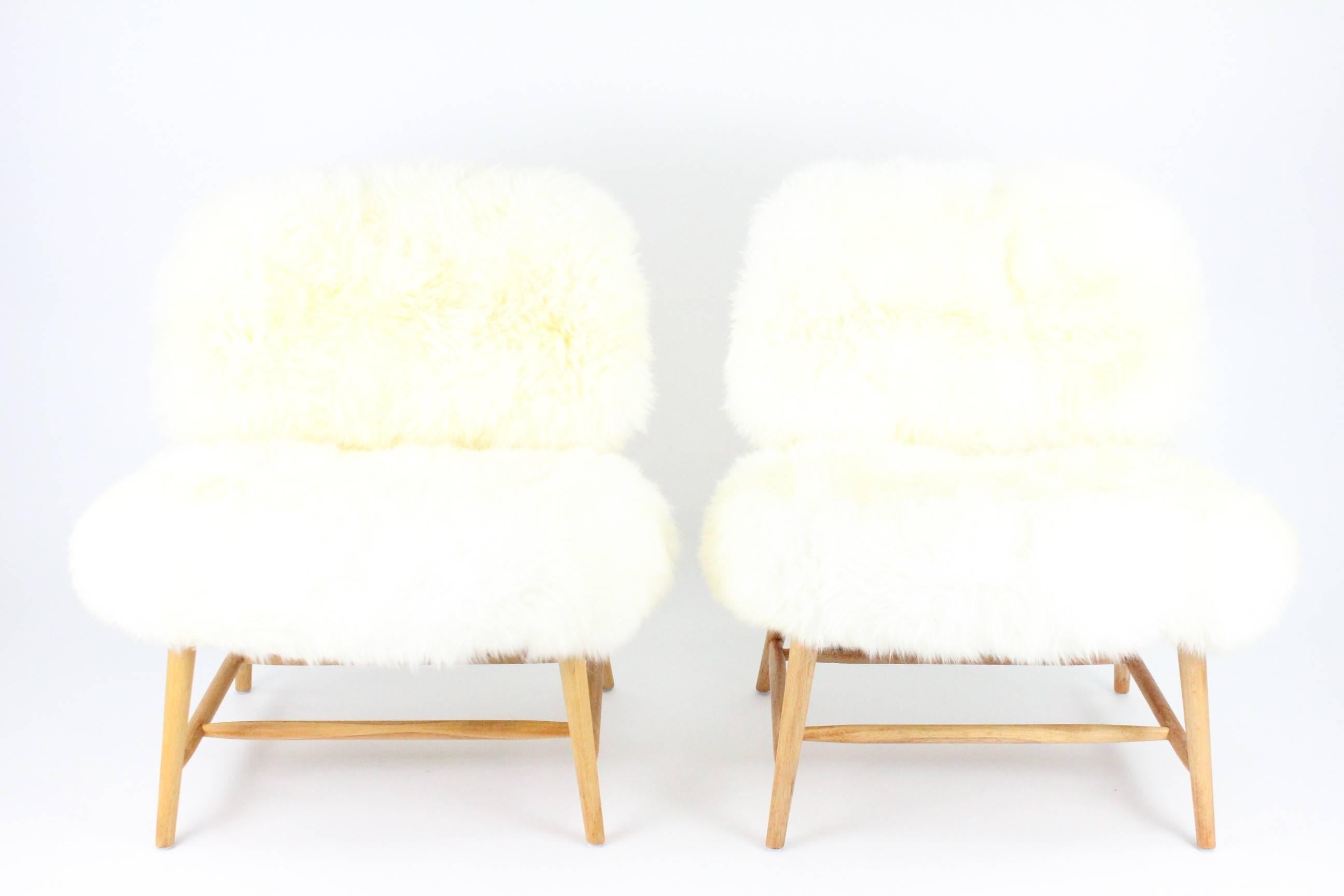 Pair of Swedish Sheep Skin and Beech Teve Easy Chairs by Alf Svensson for DUX 4
