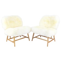 Pair of Swedish Sheep Skin and Beech Teve Easy Chairs by Alf Svensson for DUX