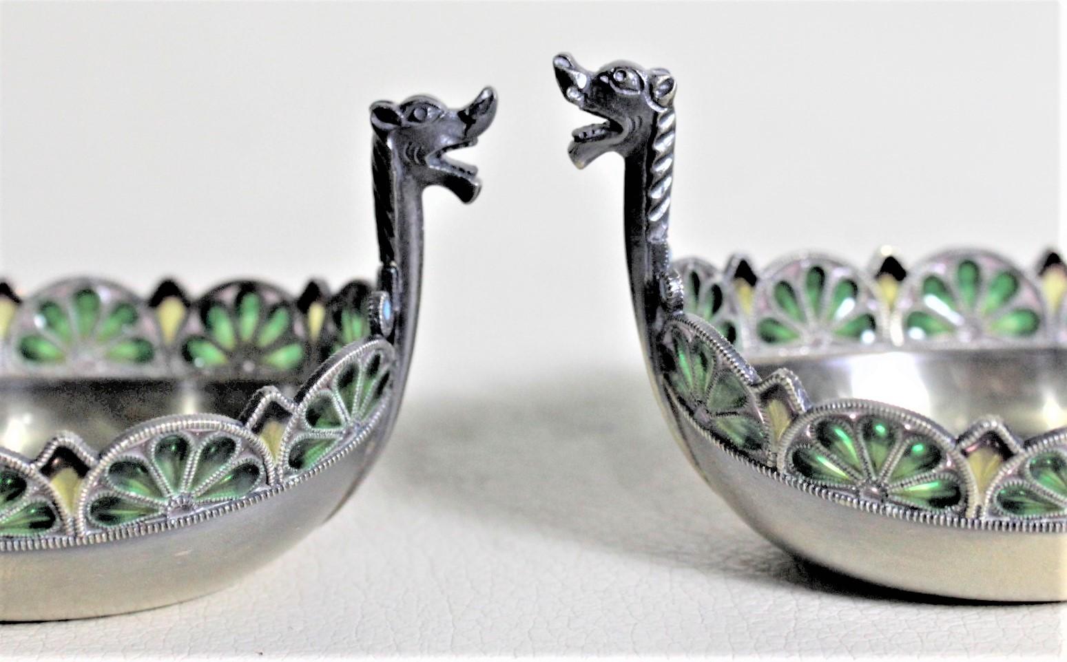 20th Century Pair of Swedish Sterling Silver Plique-a-jour Viking Ship Salt Cellars & Spoons For Sale