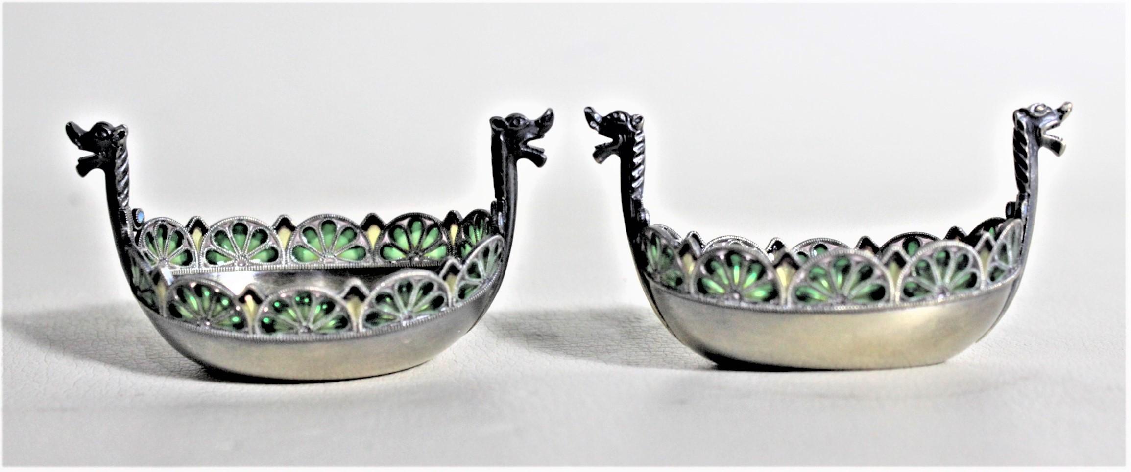Pair of Swedish Sterling Silver Plique-a-jour Viking Ship Salt Cellars & Spoons For Sale 1