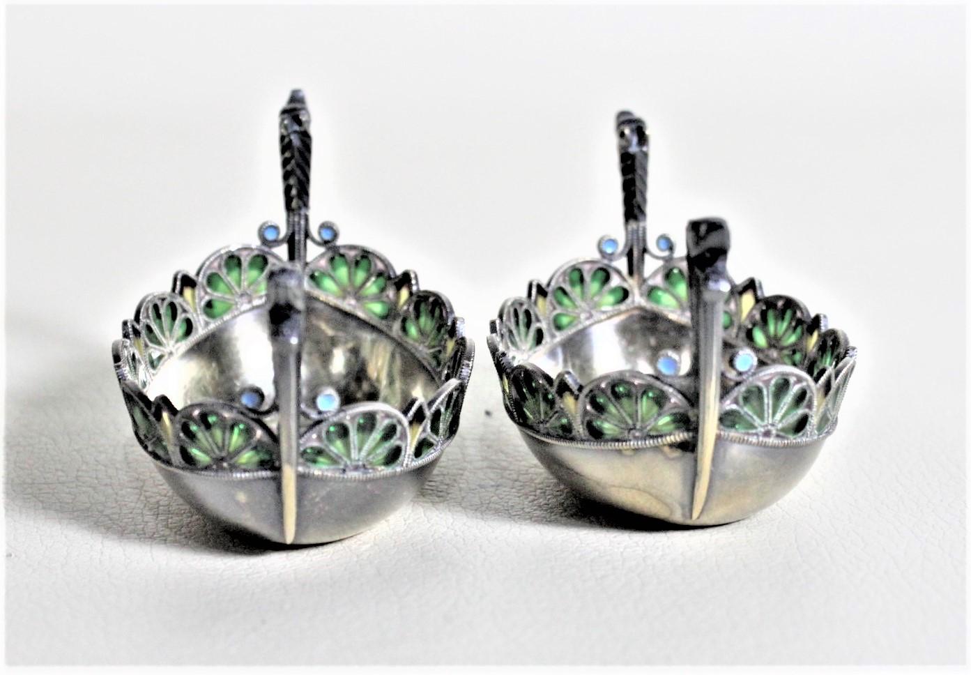 Pair of Swedish Sterling Silver Plique-a-jour Viking Ship Salt Cellars & Spoons For Sale 2