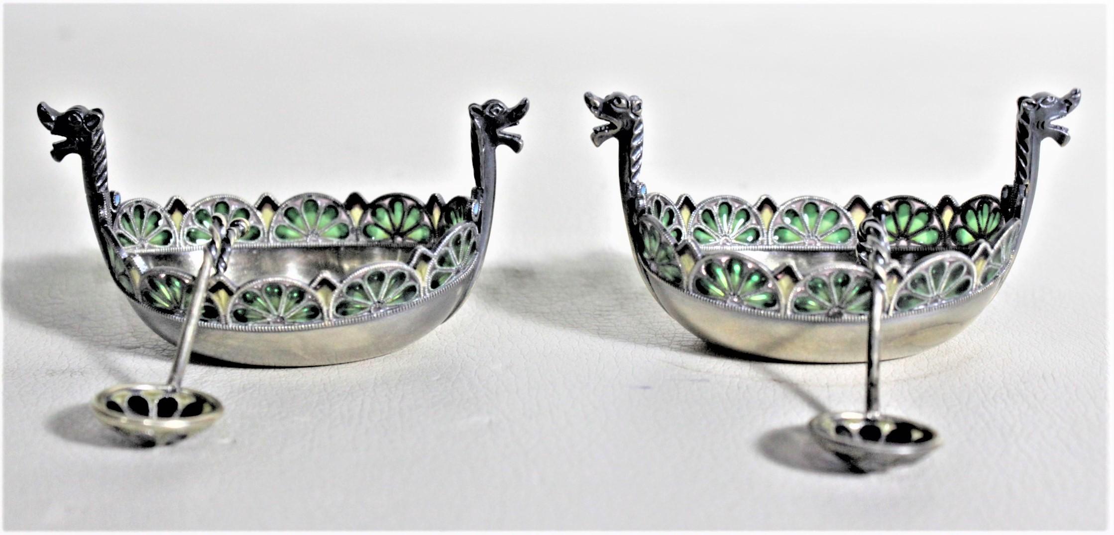 Pair of Swedish Sterling Silver Plique-a-jour Viking Ship Salt Cellars & Spoons For Sale 3