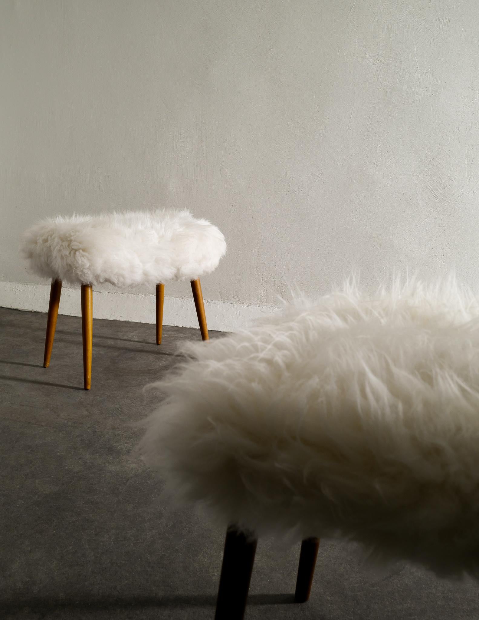 Late 20th Century Pair of Swedish Stools in Beech and Sheepskin Produced in Sweden, 1970s