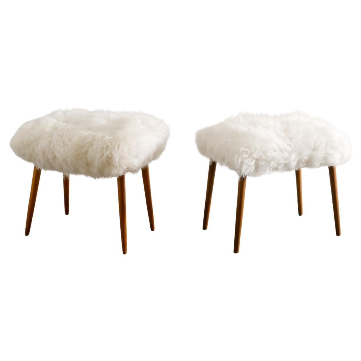 Pair of Swedish Stools in Beech and Sheepskin Produced in Sweden, 1970s