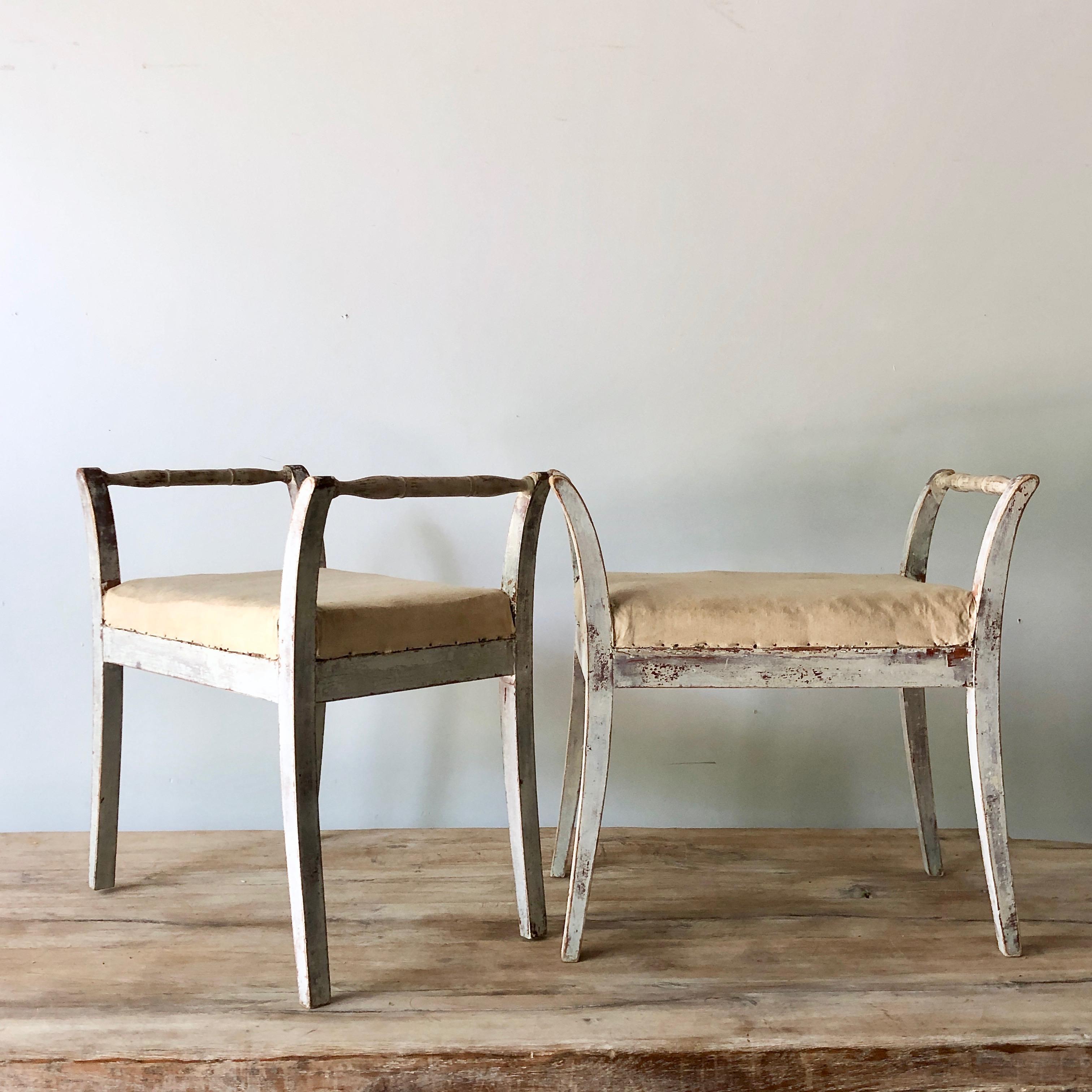 Hand-Carved Pair of Swedish Stools with Armrests