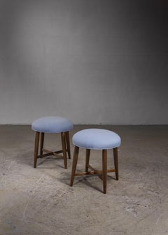 Pair of Swedish Stools with Cross-Frame and Blue Wool Upholstery, 1940s
