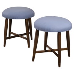 Pair of Swedish Stools with Cross-Frame and Blue Wool Upholstery, 1940s