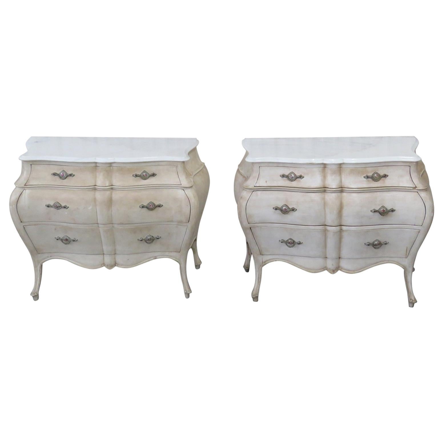 Pair of Painted Swedish Style Bombe Commodes Dressers Nightstands