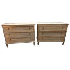 Pair Swedish Style Distress Painted Three-Drawer Commodes Chests or Nightstands