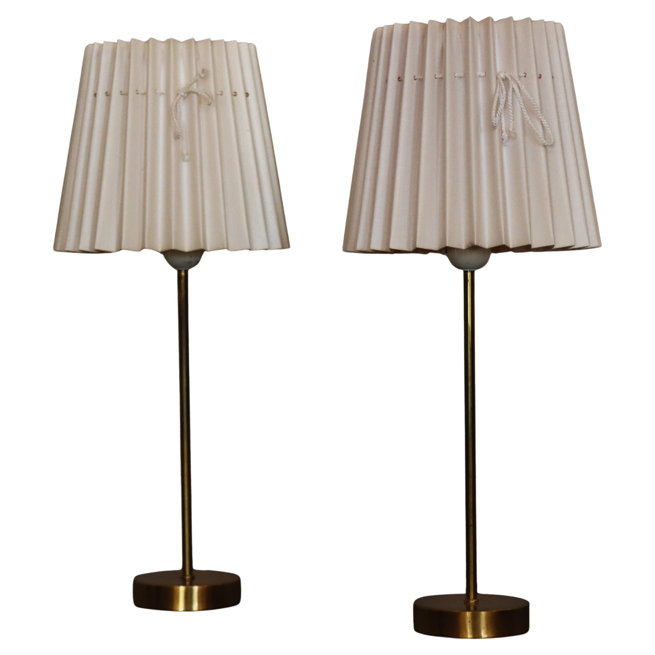Pair of Swedish Table Lamps, After Josef Frank, Brass, Pleated Shades, 1960 For Sale