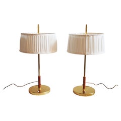Pair of Swedish Table Lamps of Brass with Leather Detail and Pleated Shades