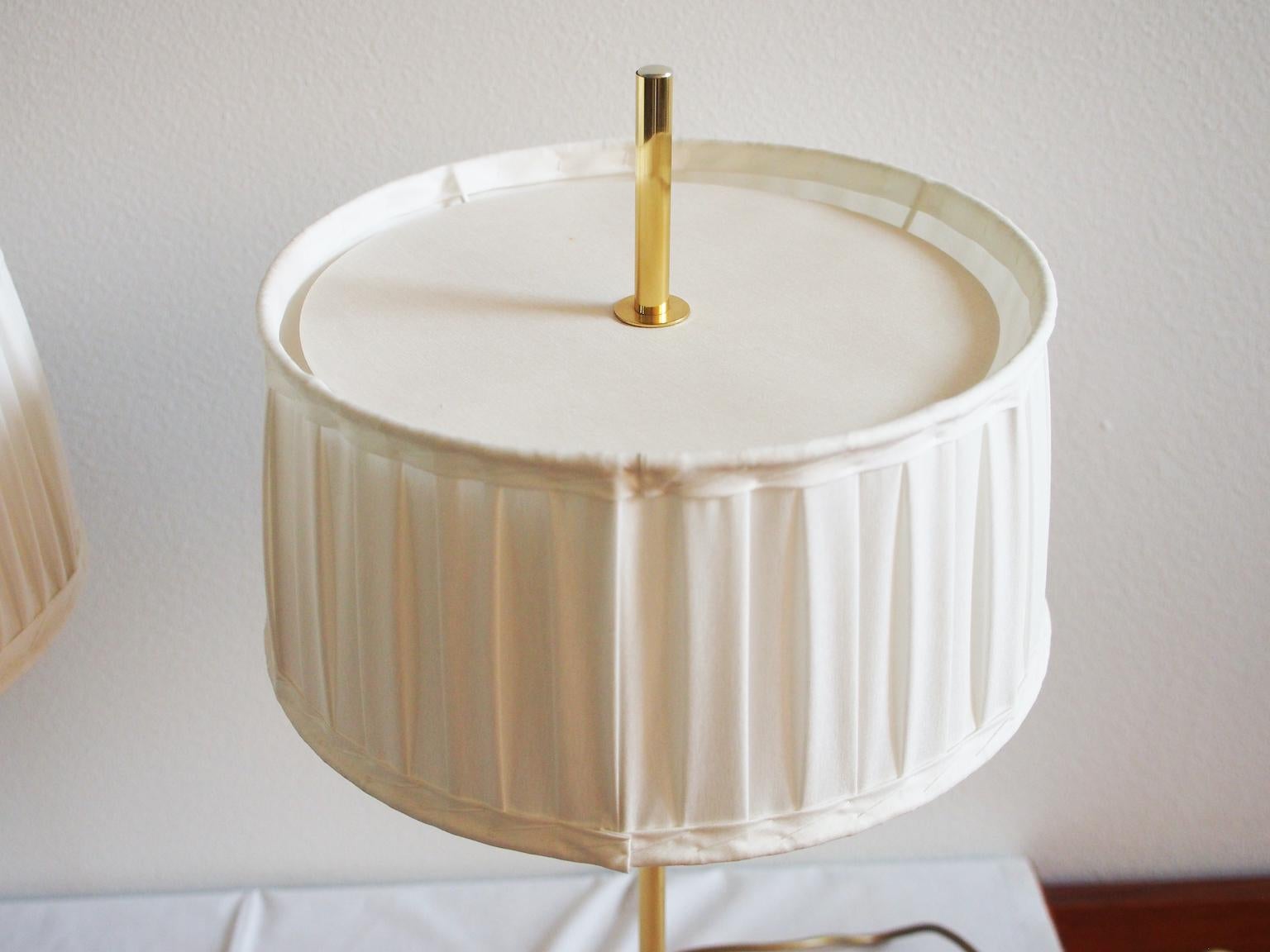 Scandinavian Modern Pair of Swedish Table Lamps of Brass with Leather Detail and White Shade For Sale