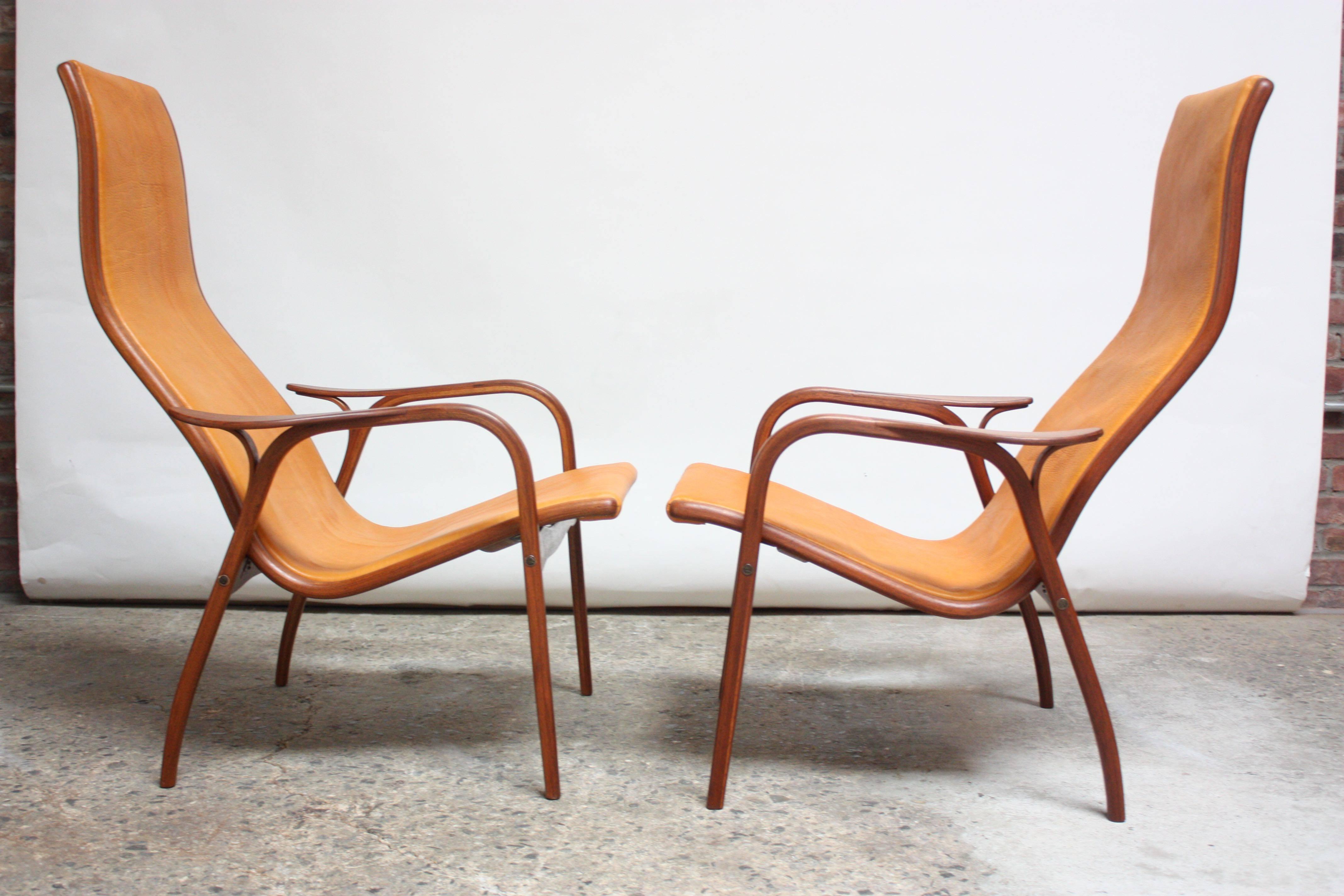 Laminated Pair of Swedish Teak and Leather 'Lamino' Chairs by Yngve Ekström
