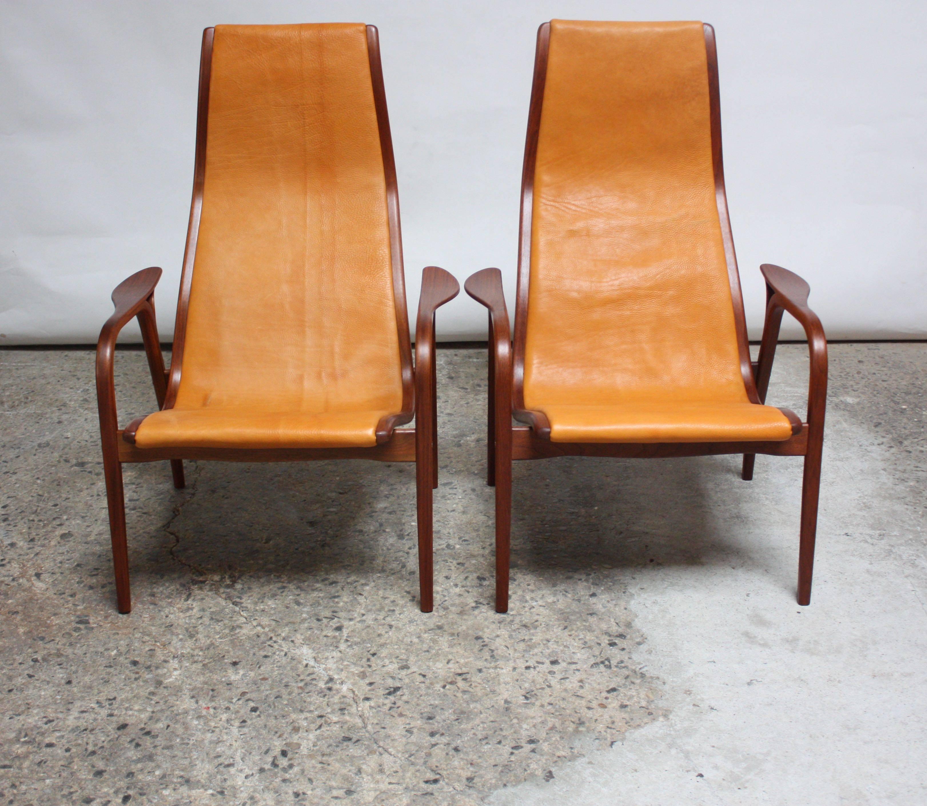 Pair of Swedish Teak and Leather 'Lamino' Chairs by Yngve Ekström In Excellent Condition In Brooklyn, NY