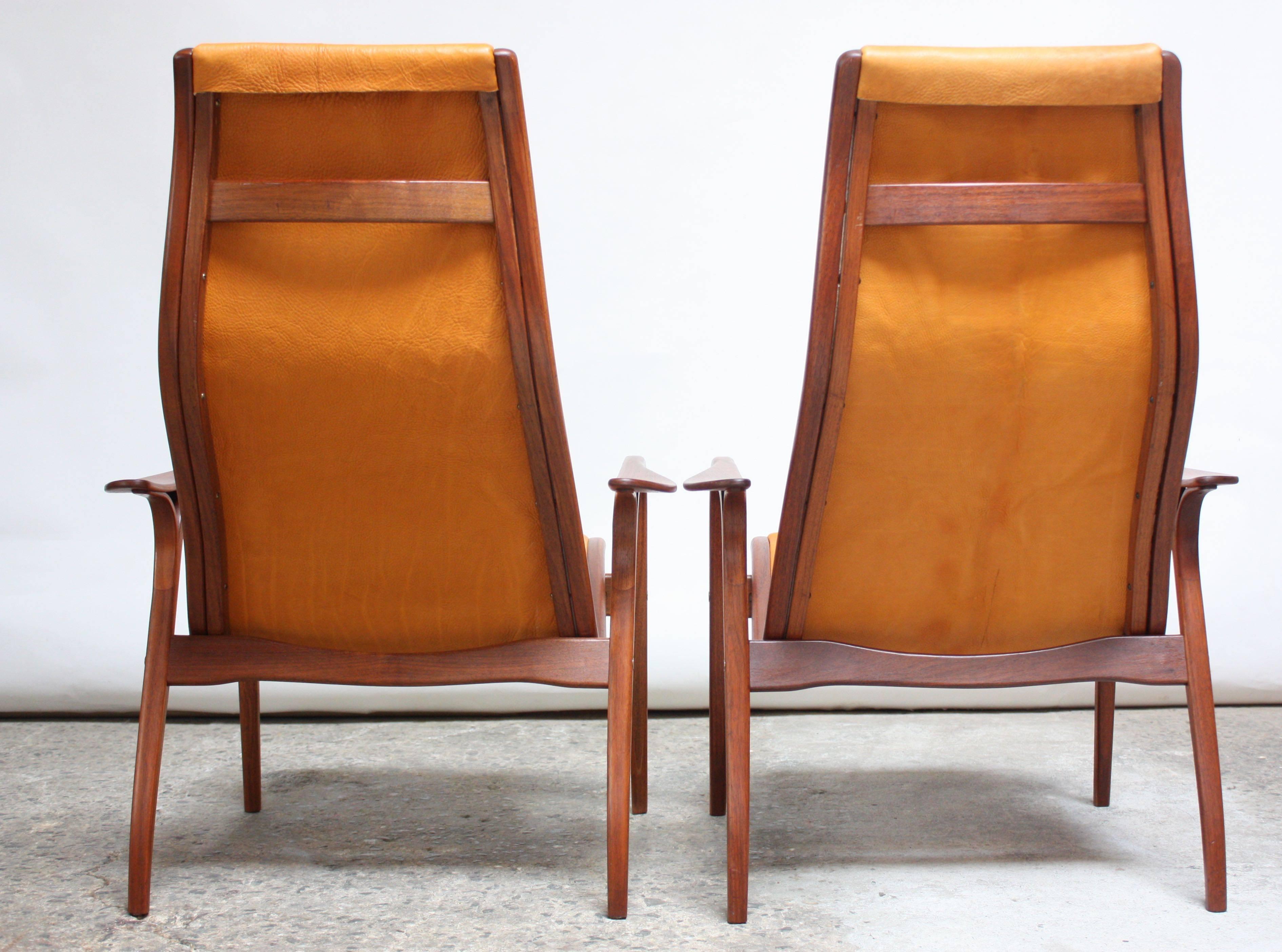 Mid-20th Century Pair of Swedish Teak and Leather 'Lamino' Chairs by Yngve Ekström