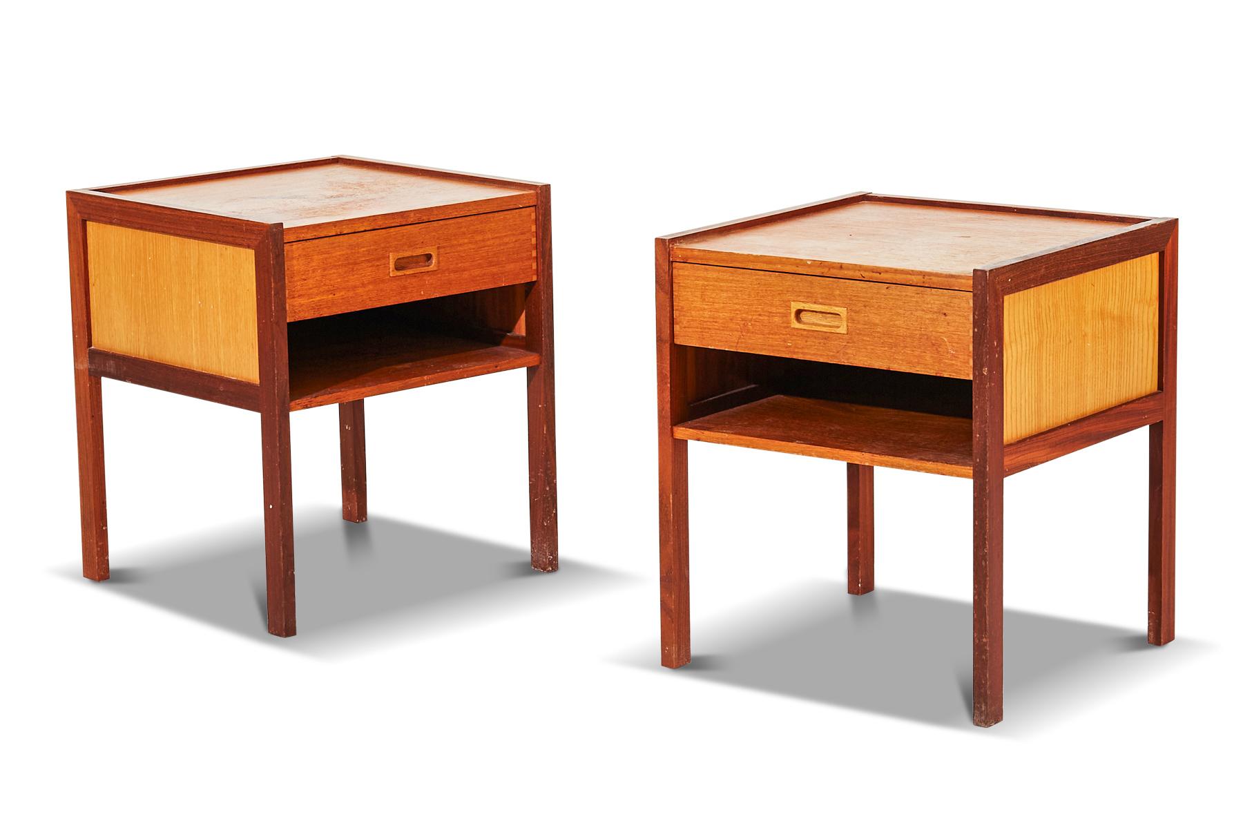 Mid-Century Modern Pair of Swedish Teak + Oak Nightstands For Sale