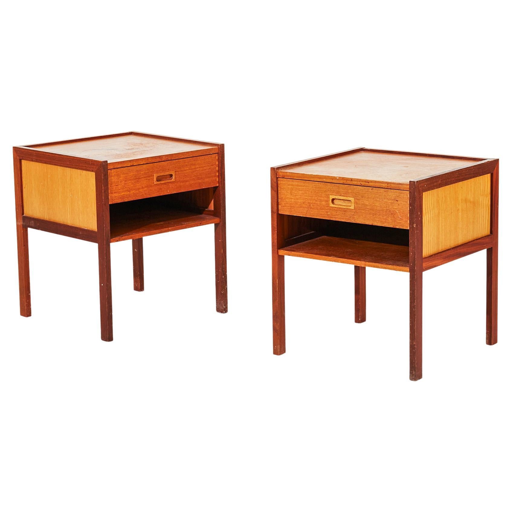 Pair of Swedish Teak + Oak Nightstands For Sale