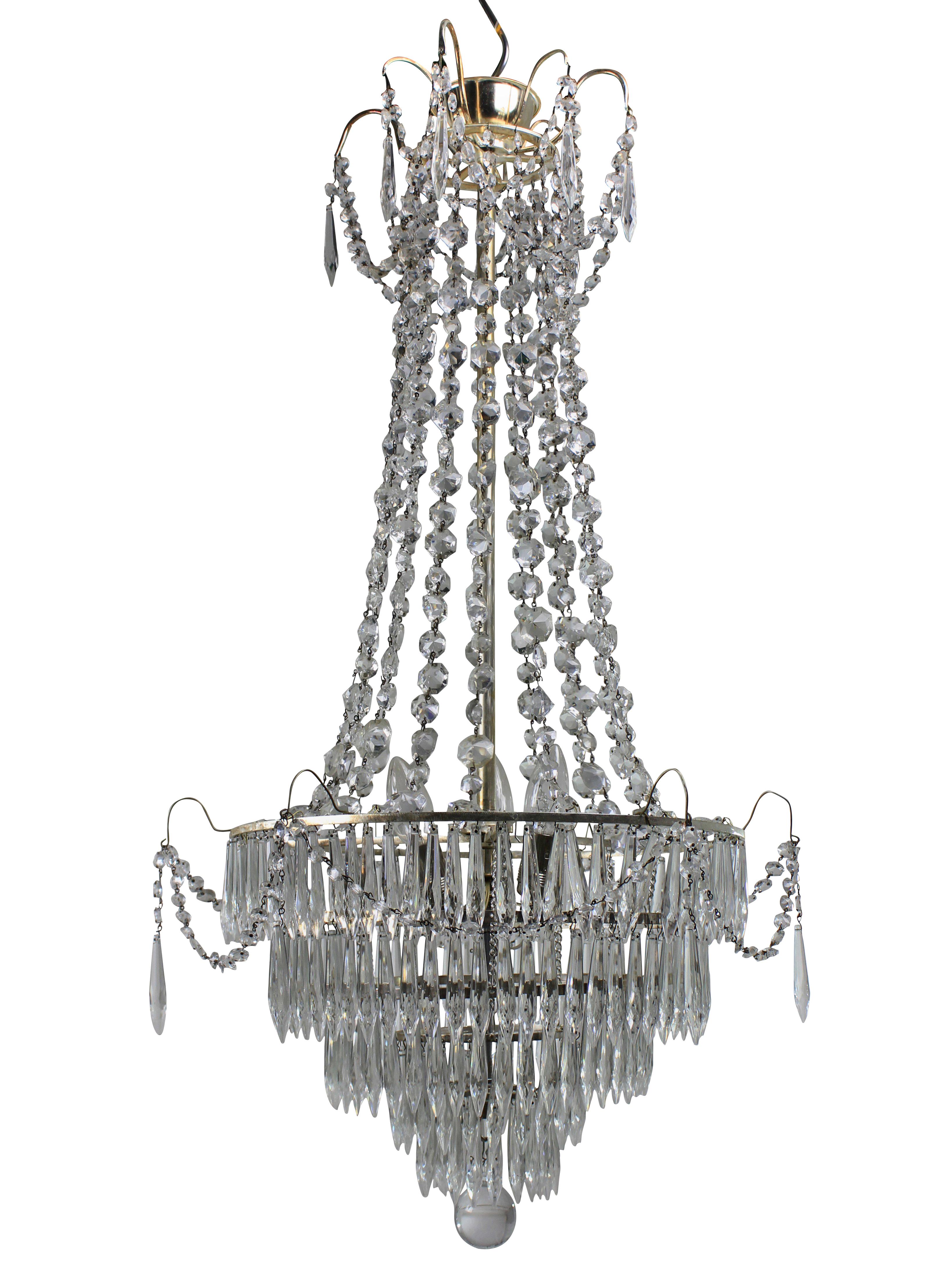 Cut Glass Pair of Swedish Tent and Waterfall Chandeliers