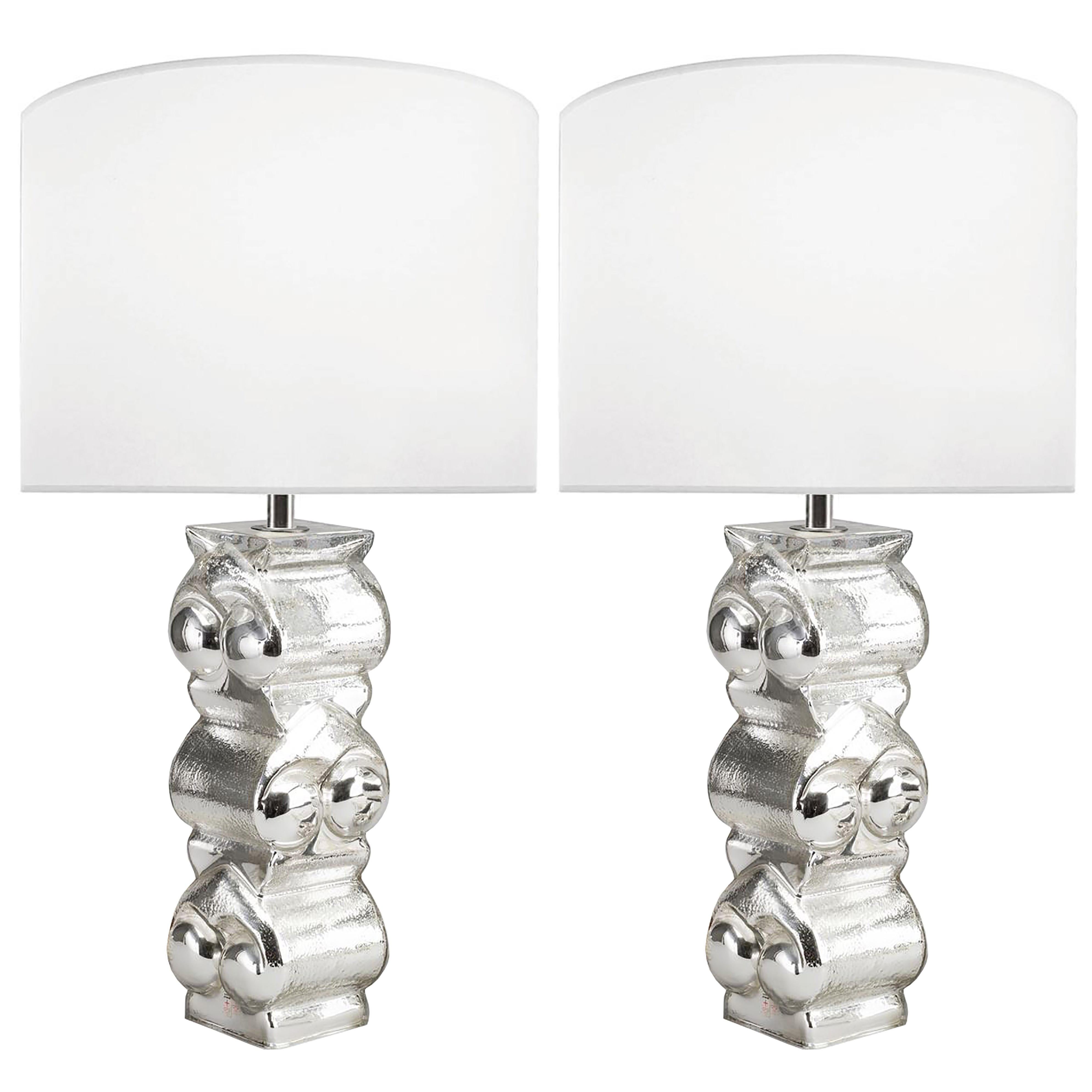 Pair of Swedish Textured Glass Lamps For Sale